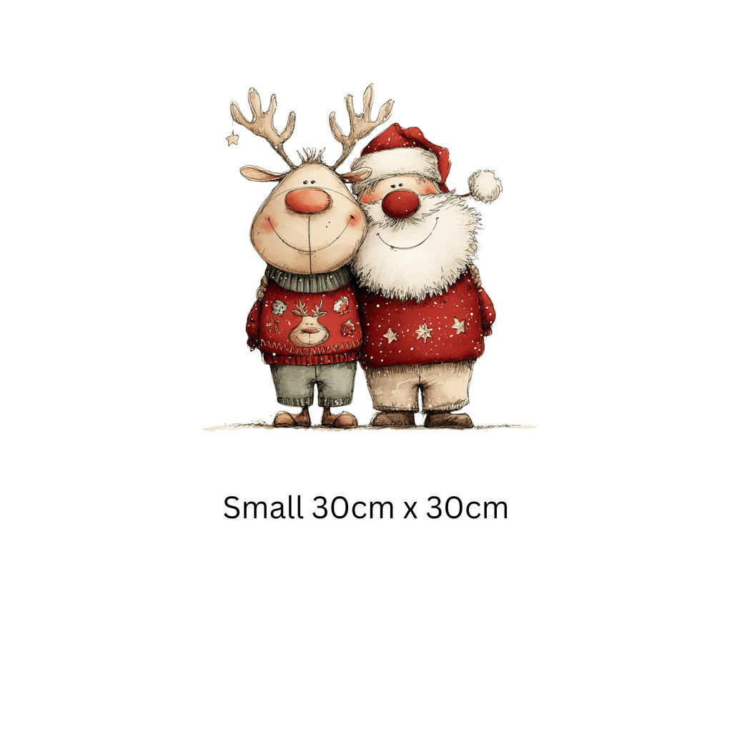 Santa and Reindeer Christmas Window Cling – Cute Festive Design with Snowy Background, Cosy Jumpers & Holiday Cheer