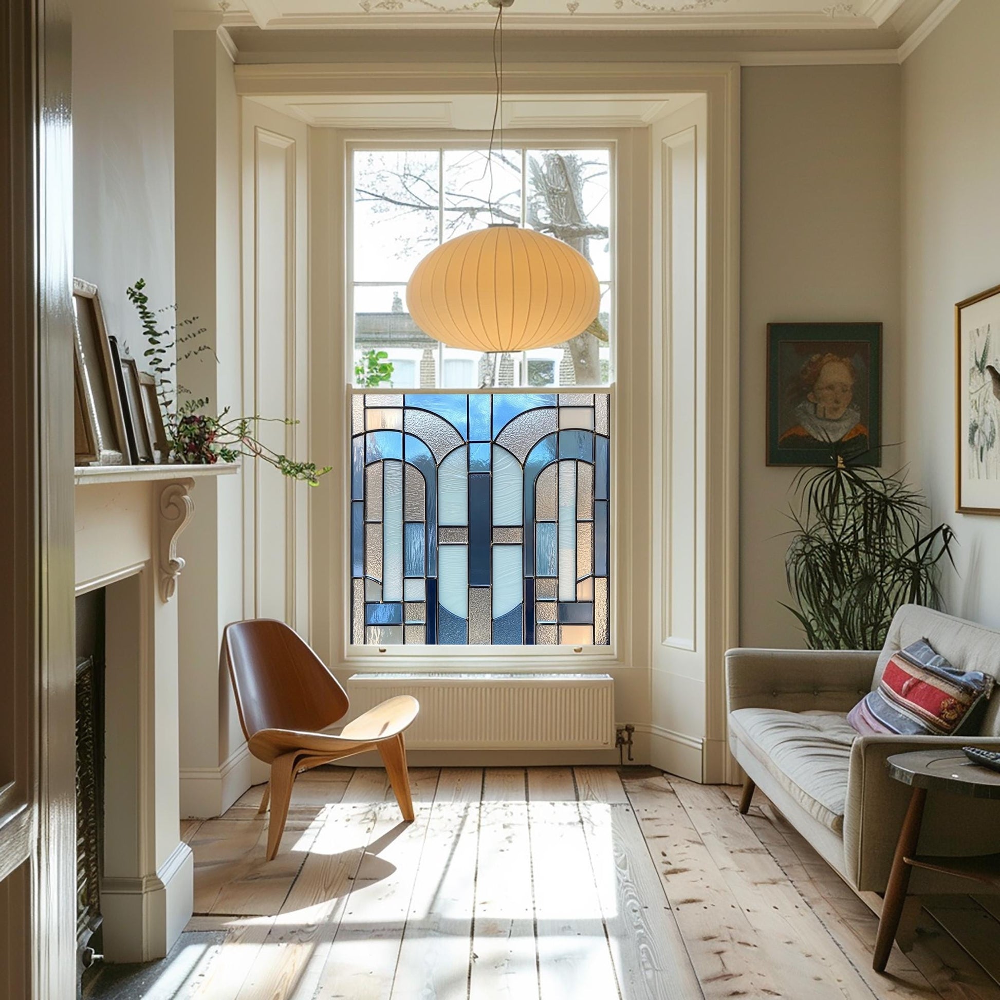 Blue Art Deco Window Film,  Window Film, Privacy Window Film, Decorative Window Film, Front Door Window Film, Stained Glass Window Film Creative Windows