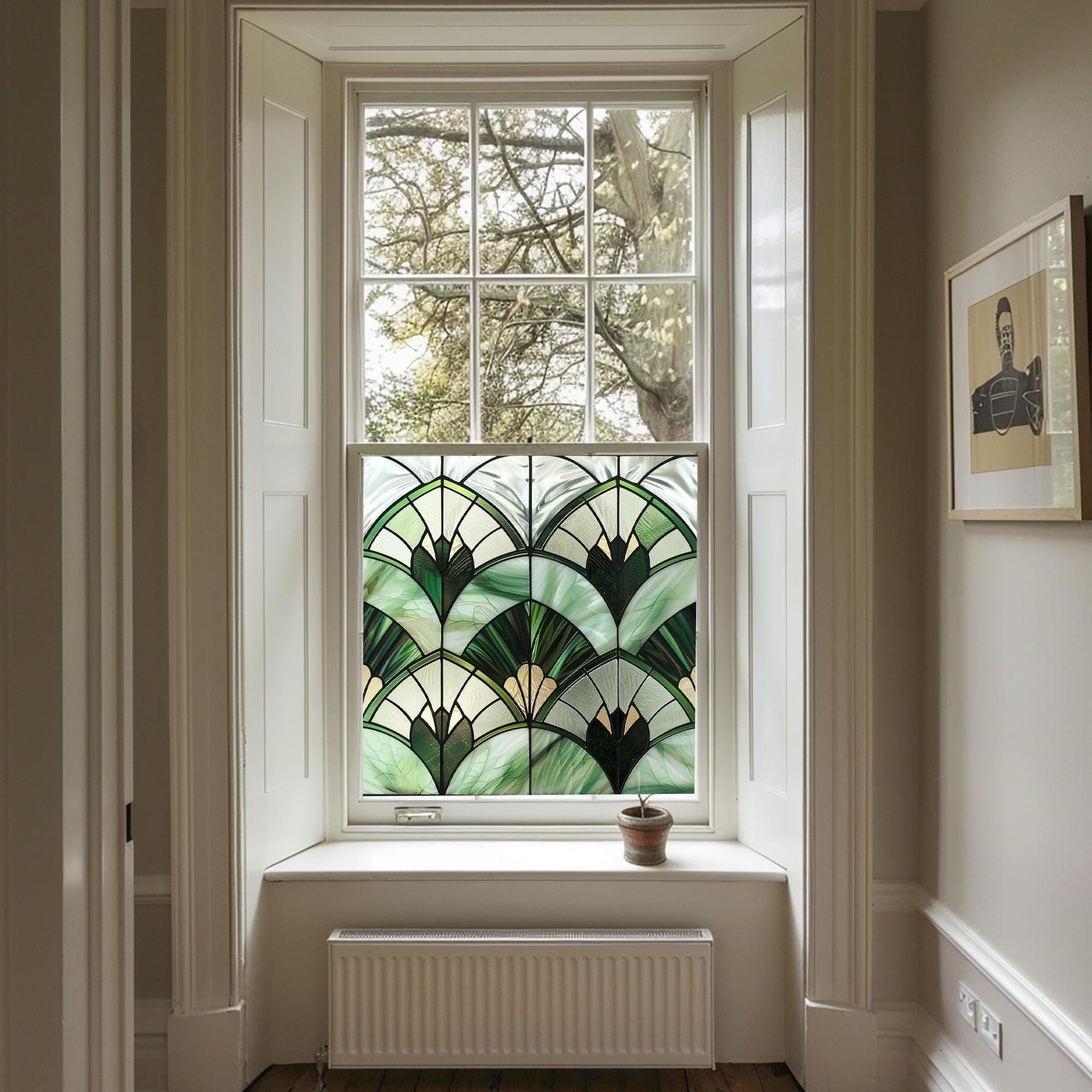 Green Art Deco Window Film, Privacy Window Film, Decorative Window Film, Patterned Window Film, Coloured Window Film, Stained Glass Creative Windows