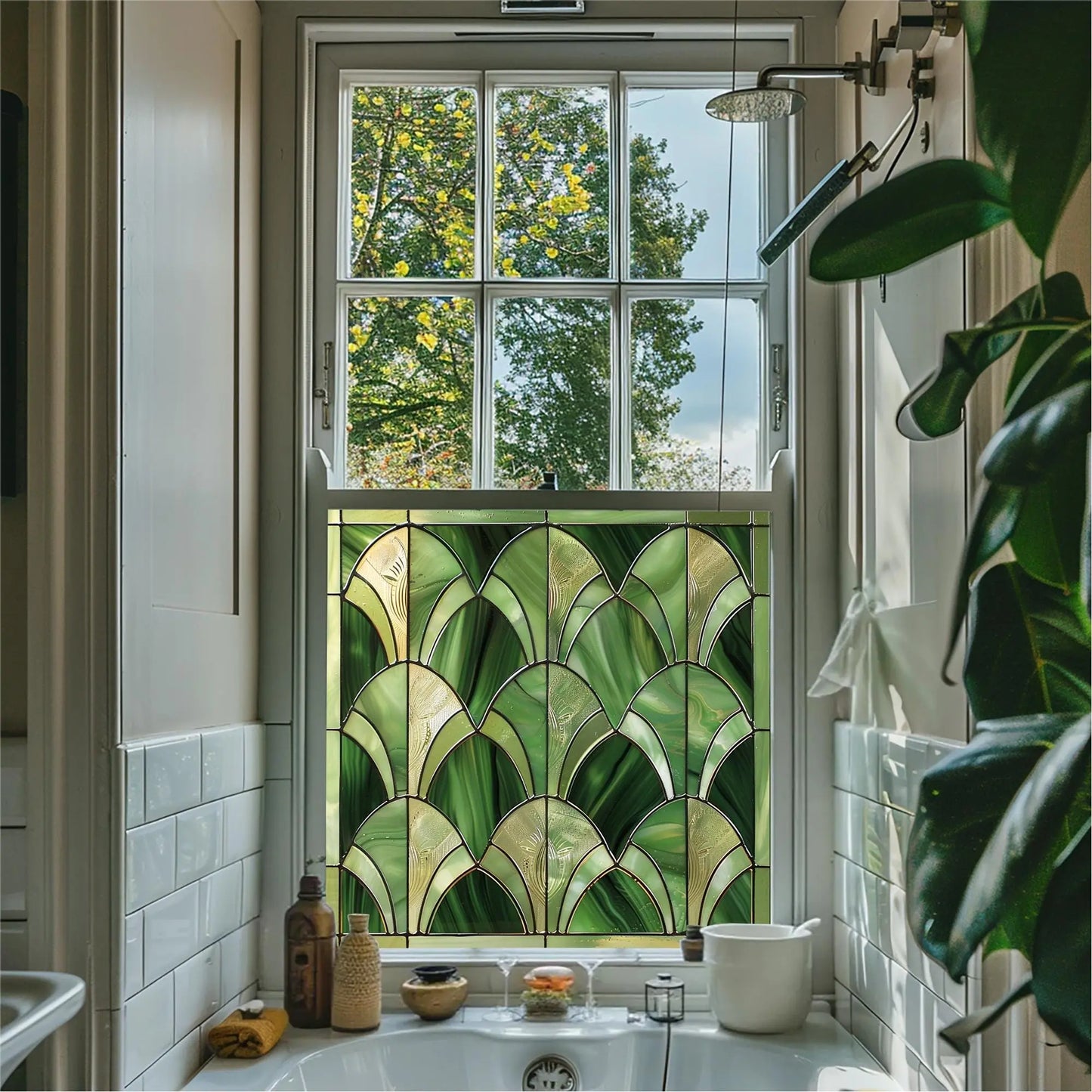 Green Art Deco Window Film - Apricena Stained Glass Privacy Creative Windows