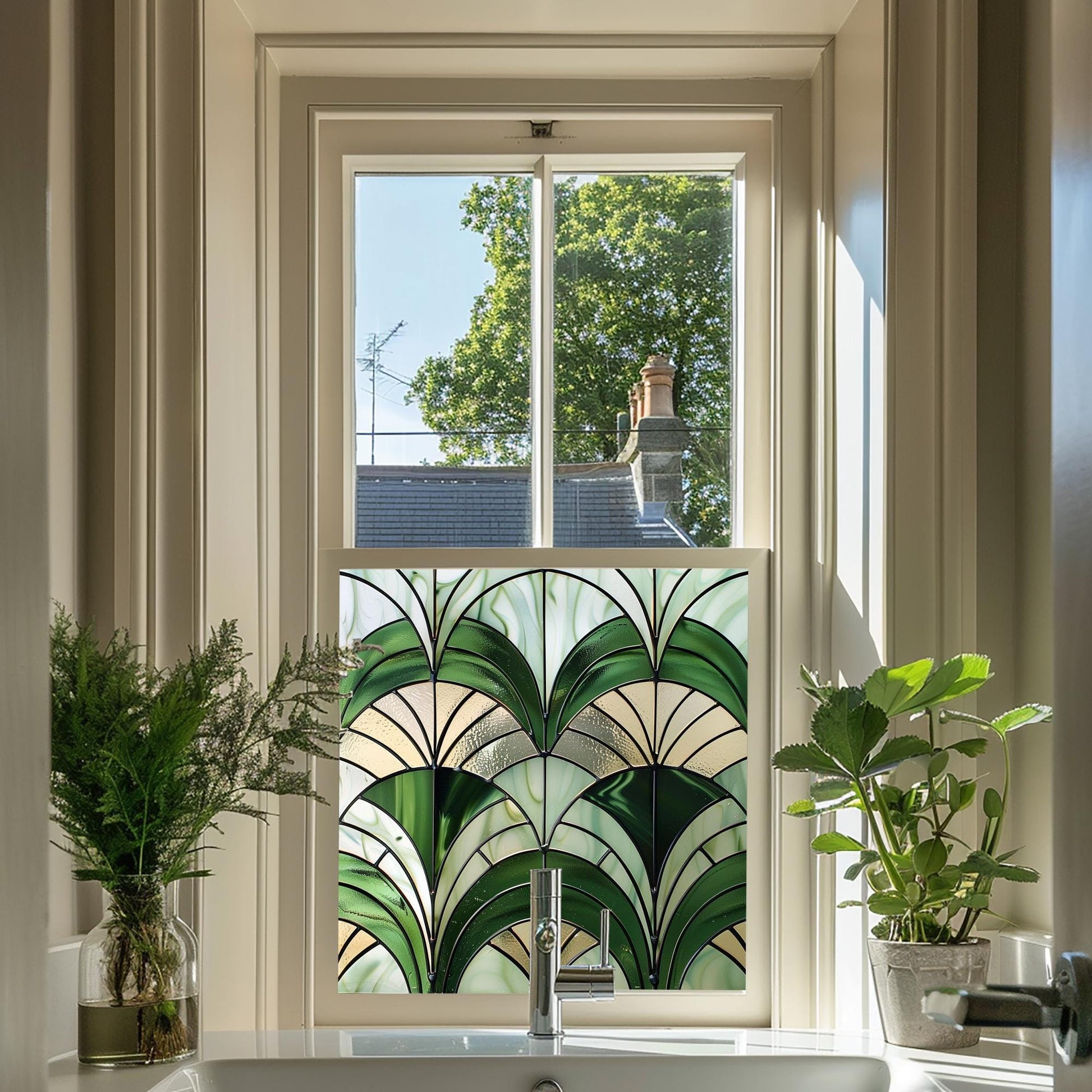 Green Art Deco Window Film, Privacy Window Film, Kitchen Window Film, Window Film, Bathroom Window Film, Green Stained Glass Window Film Creative Windows
