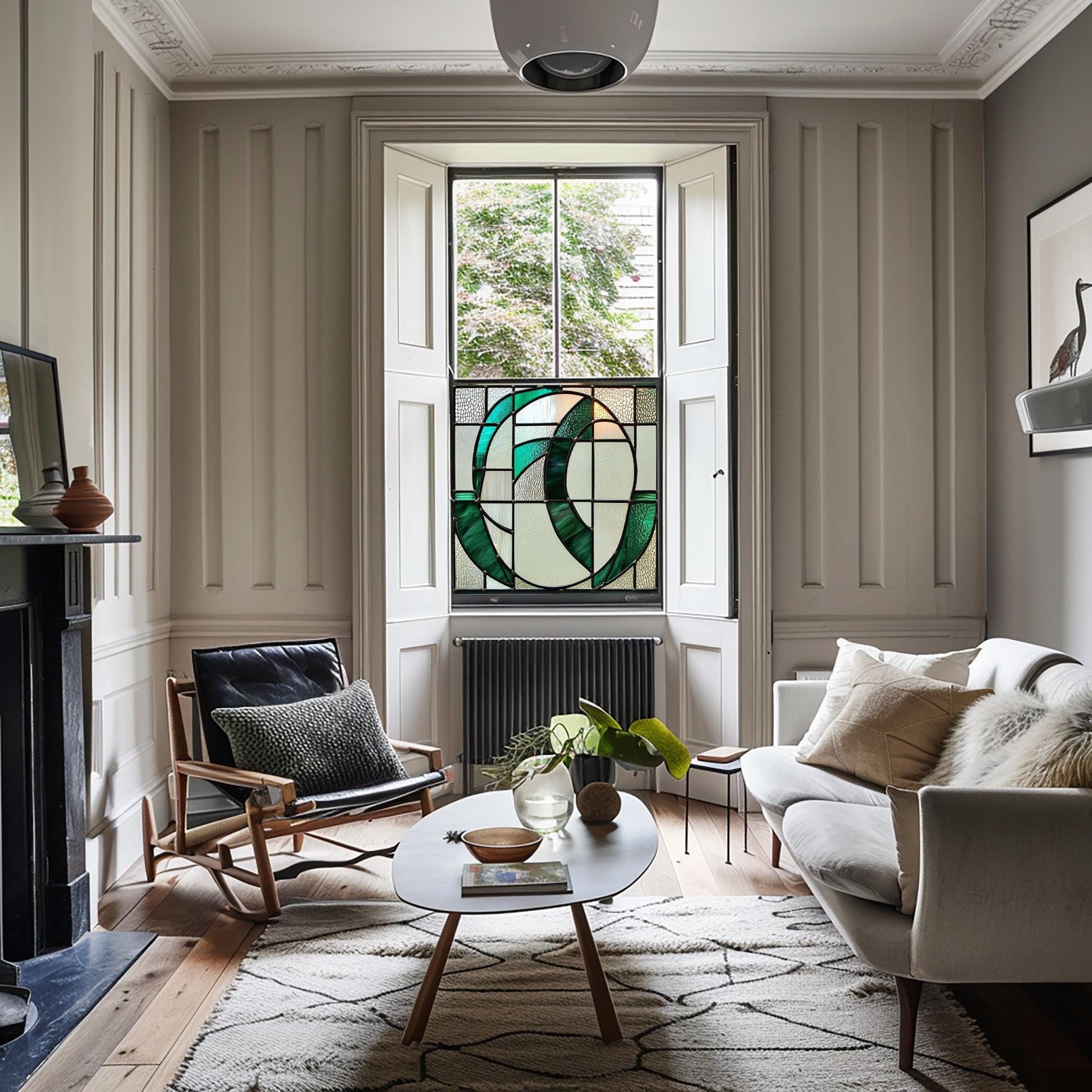 Green Art Deco Window Film, Privacy Window Film, Window Film, Kitchen Window Film, Bathroom Window Film, Green Stained Glass Window Film Creative Windows