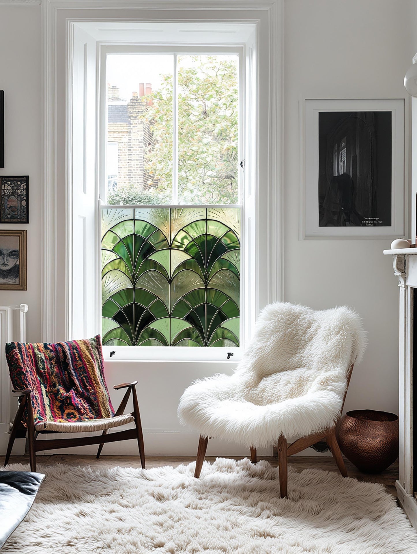 Green Art Deco Window Film, Decorative Window Film, Window, Front Door Window Film, Stained Glass Window Film, Privacy Window Film Creative Windows