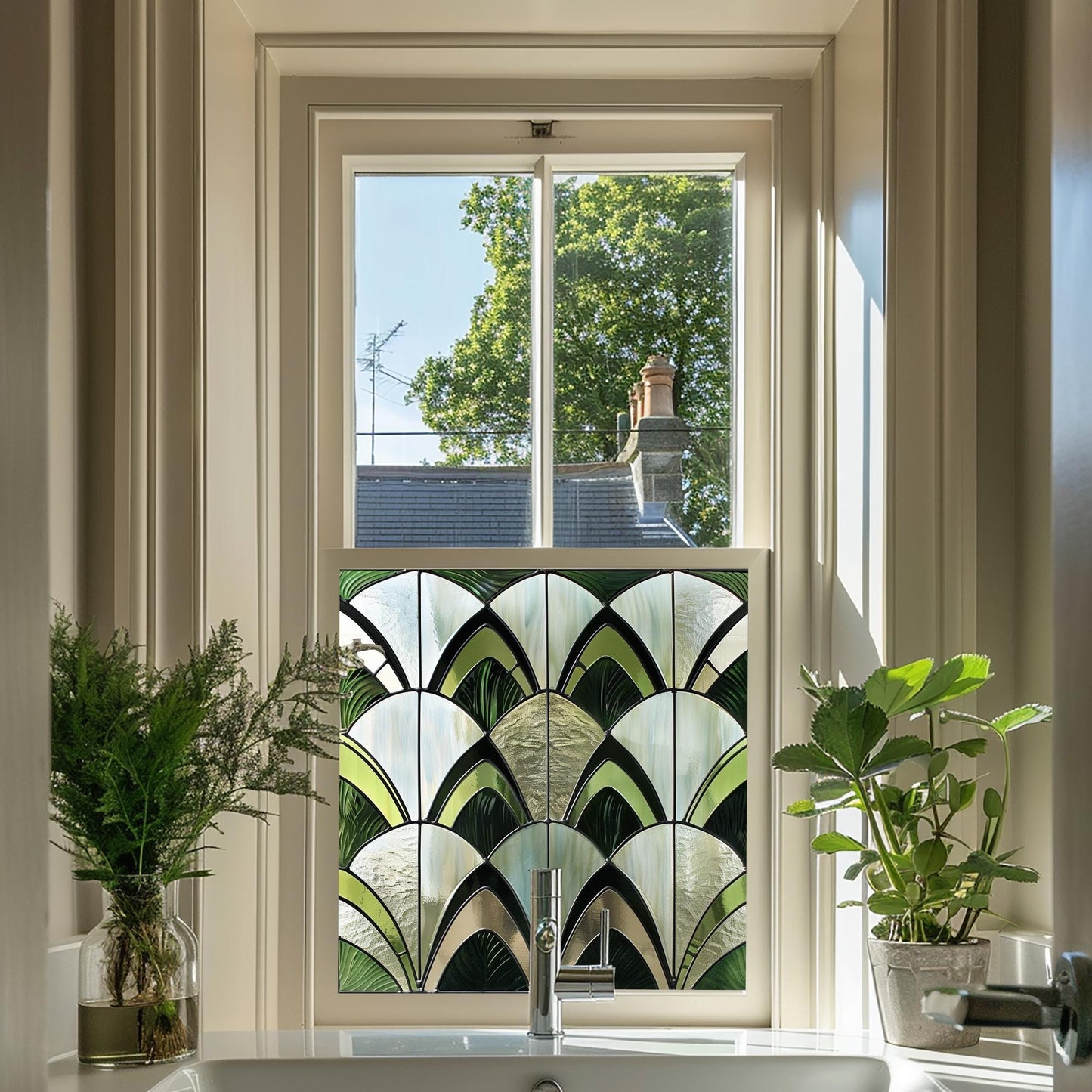 Green Art Deco Window Film, Privacy Window Film, Decorative Window Film, Patterned Window Film, Coloured Window Film, Stained Glass Creative Windows