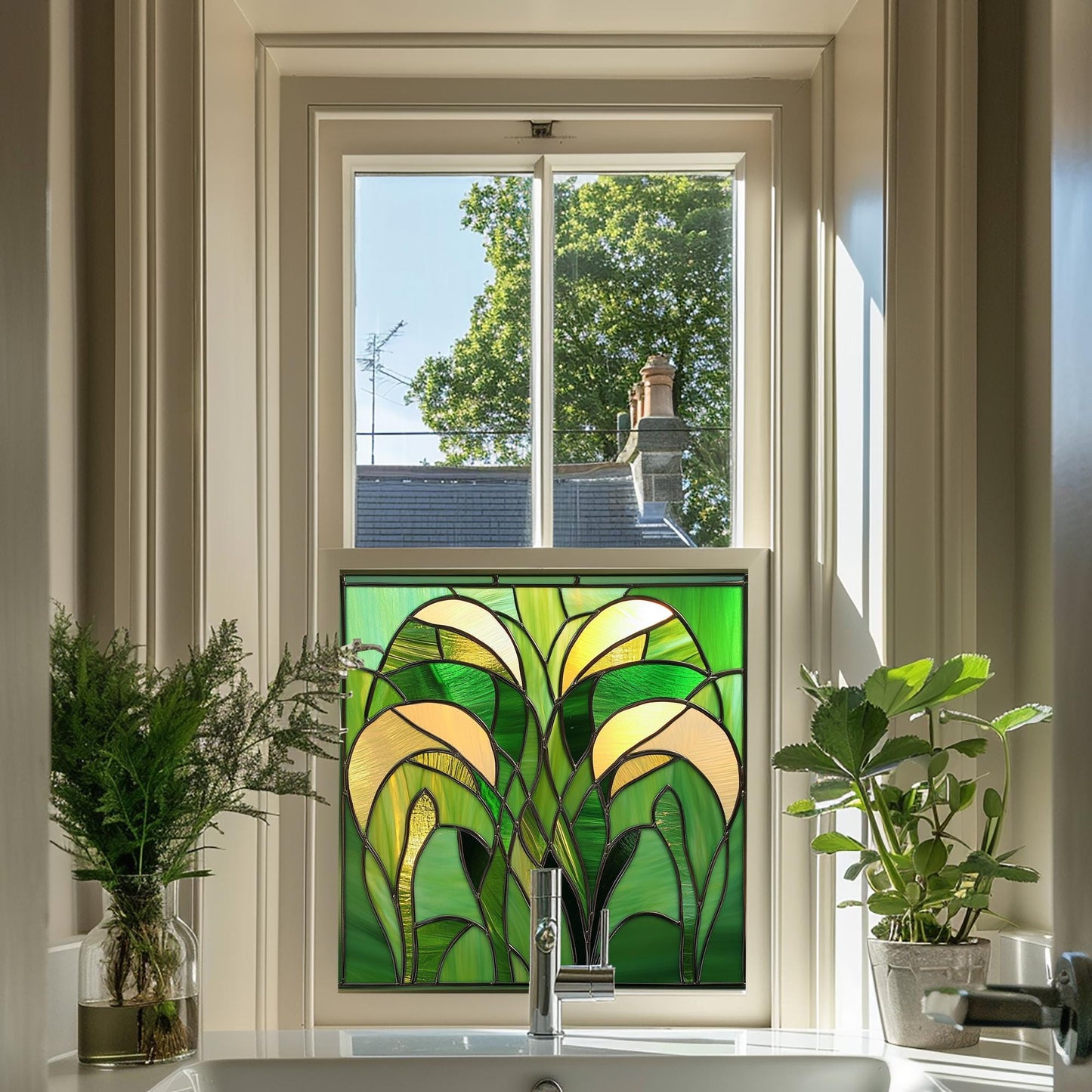 Green Art Deco Window Film, Privacy Window Film, Decorative Window Film, Patterned Window Film, Coloured Window Film, Stained Glass Creative Windows
