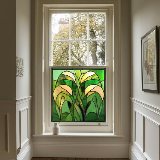 Green Art Deco Window Film, Privacy Window Film, Decorative Window Film, Patterned Window Film, Coloured Window Film, Stained Glass Creative Windows