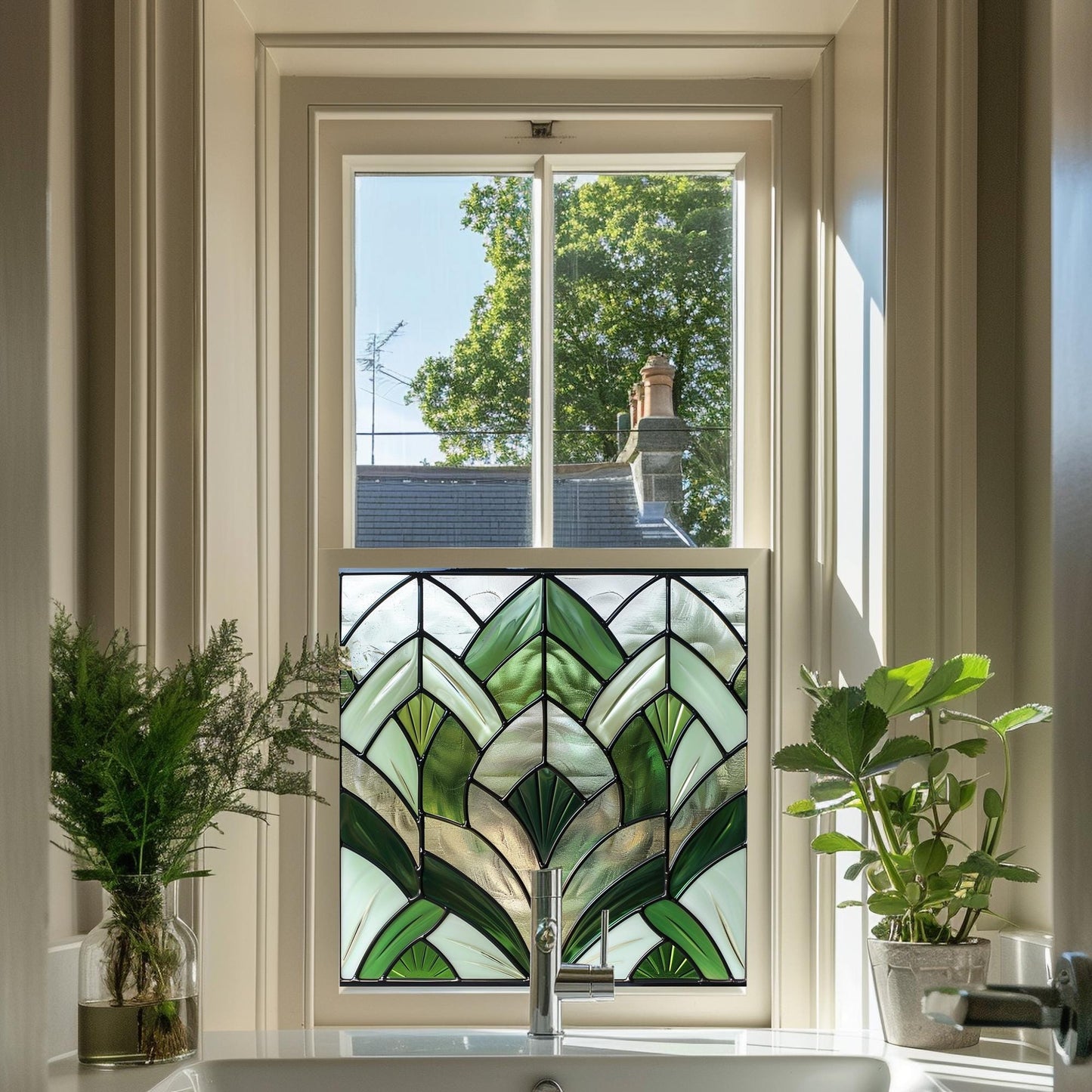 Green Art Deco Window Film, Privacy Window Film, Decorative Window Film, Kitchen Window Film, Bathroom Window Film, Stained Glass Creative Windows