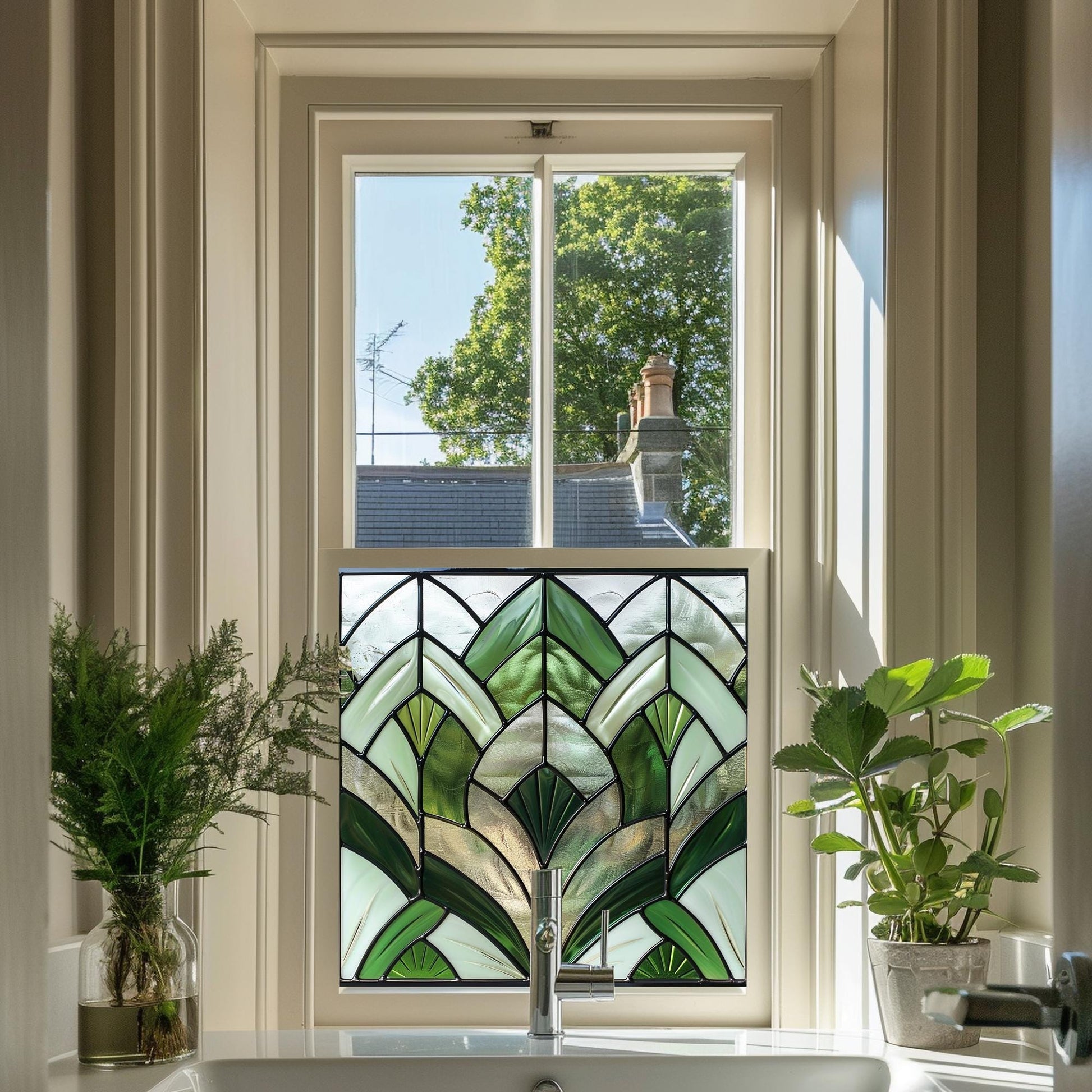 Green Art Deco Window Film, Privacy Window Film, Decorative Window Film, Kitchen Window Film, Bathroom Window Film, Stained Glass Creative Windows