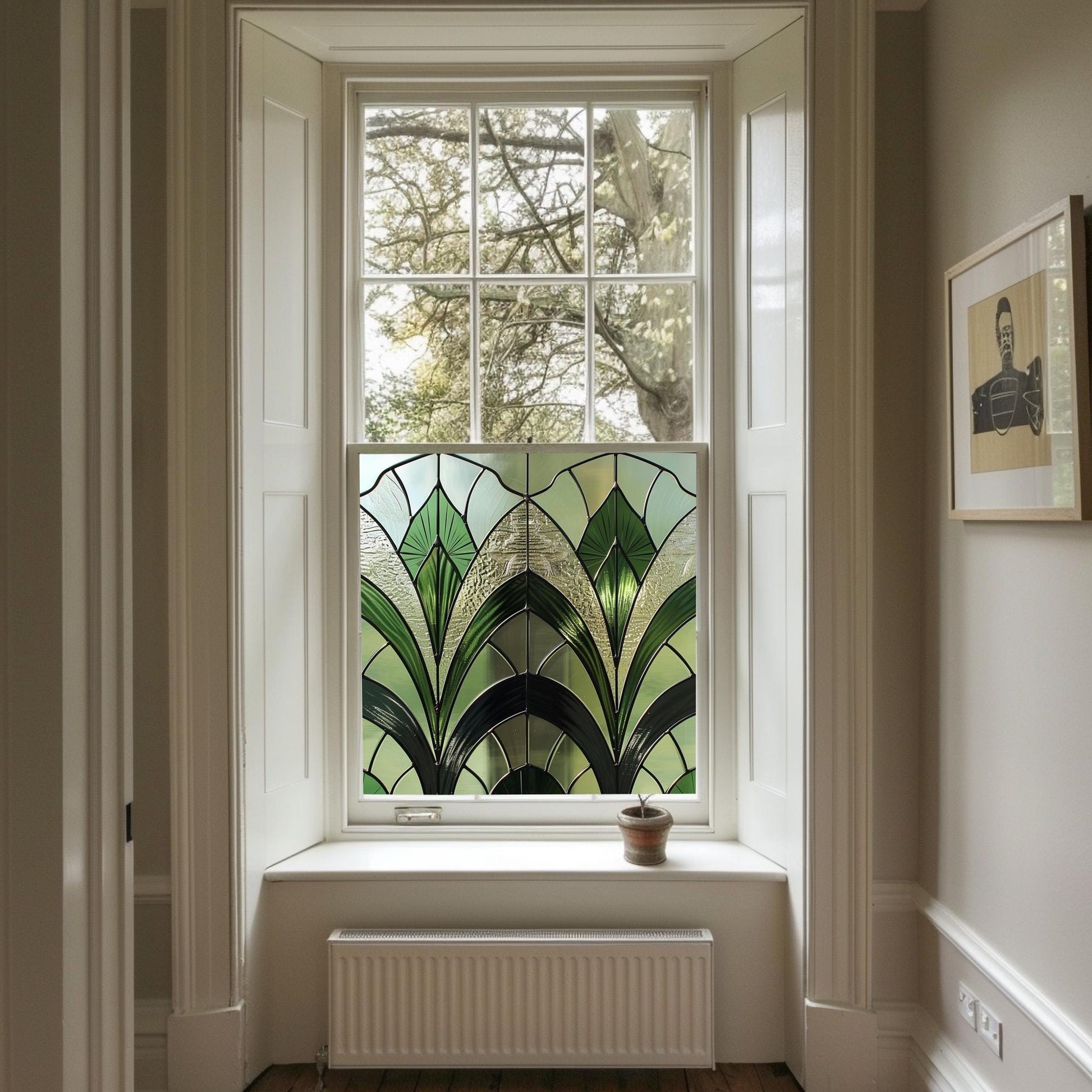 Green Art Deco Window Film, Privacy Window Film, Decorative Window Film, Patterned Window Film, Bathroom Window Film, Stained Glass Window Creative Windows