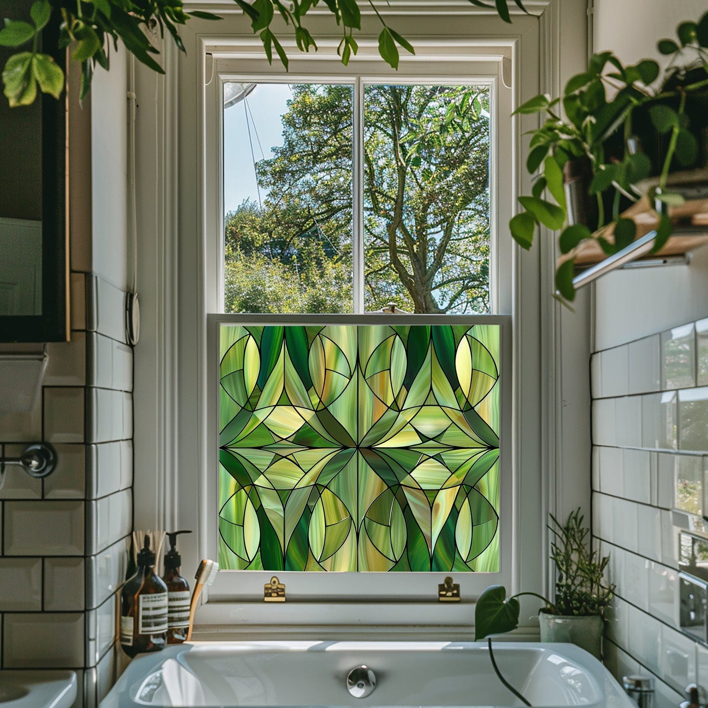 Green Art Deco Window Film, Privacy Window Film, Decorative Window Film, Window Film, Bathroom Window Film, Green Stained Glass Window Film Creative Windows