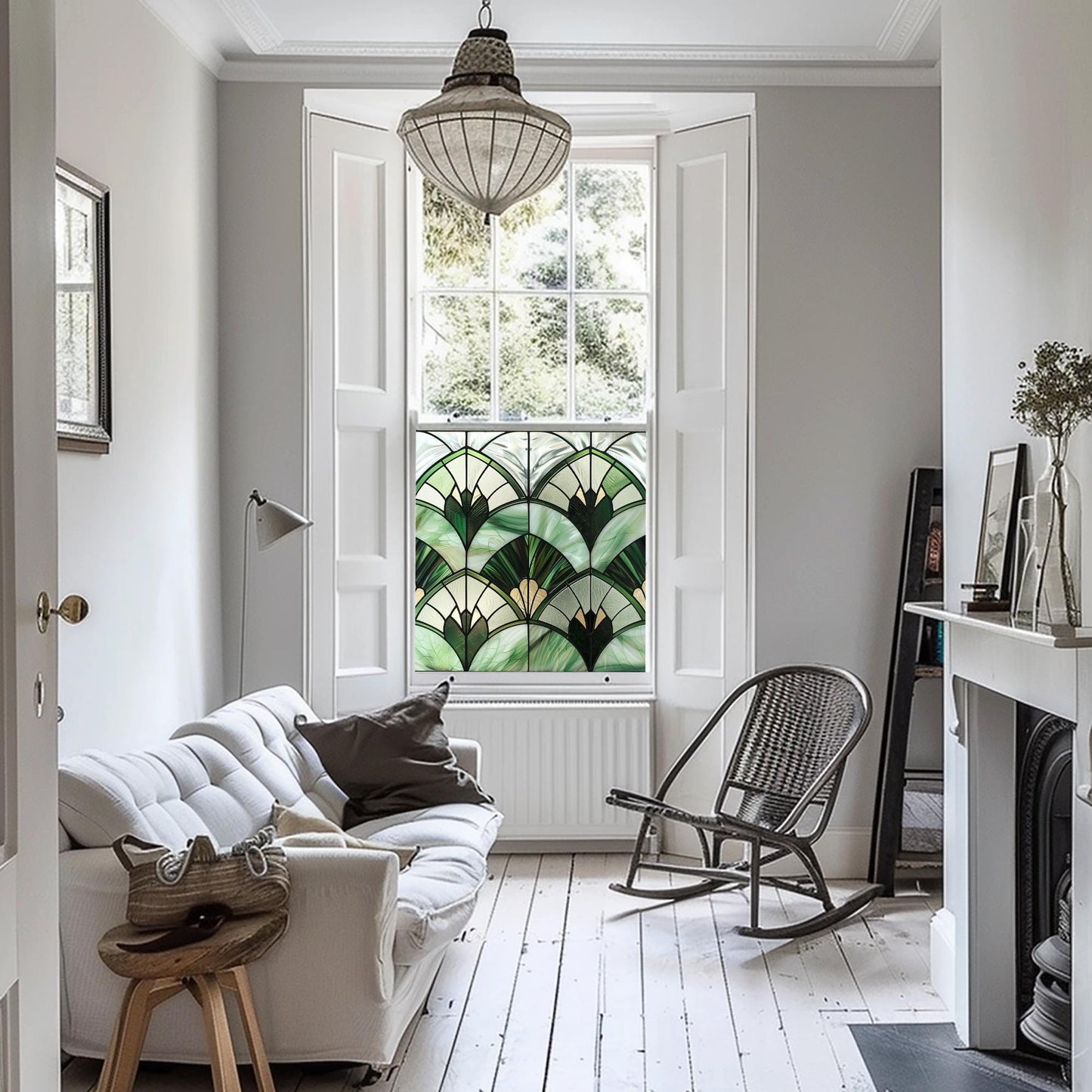 Green Art Deco Window Film, Privacy Window Film, Decorative Window Film, Patterned Window Film, Coloured Window Film, Stained Glass Creative Windows