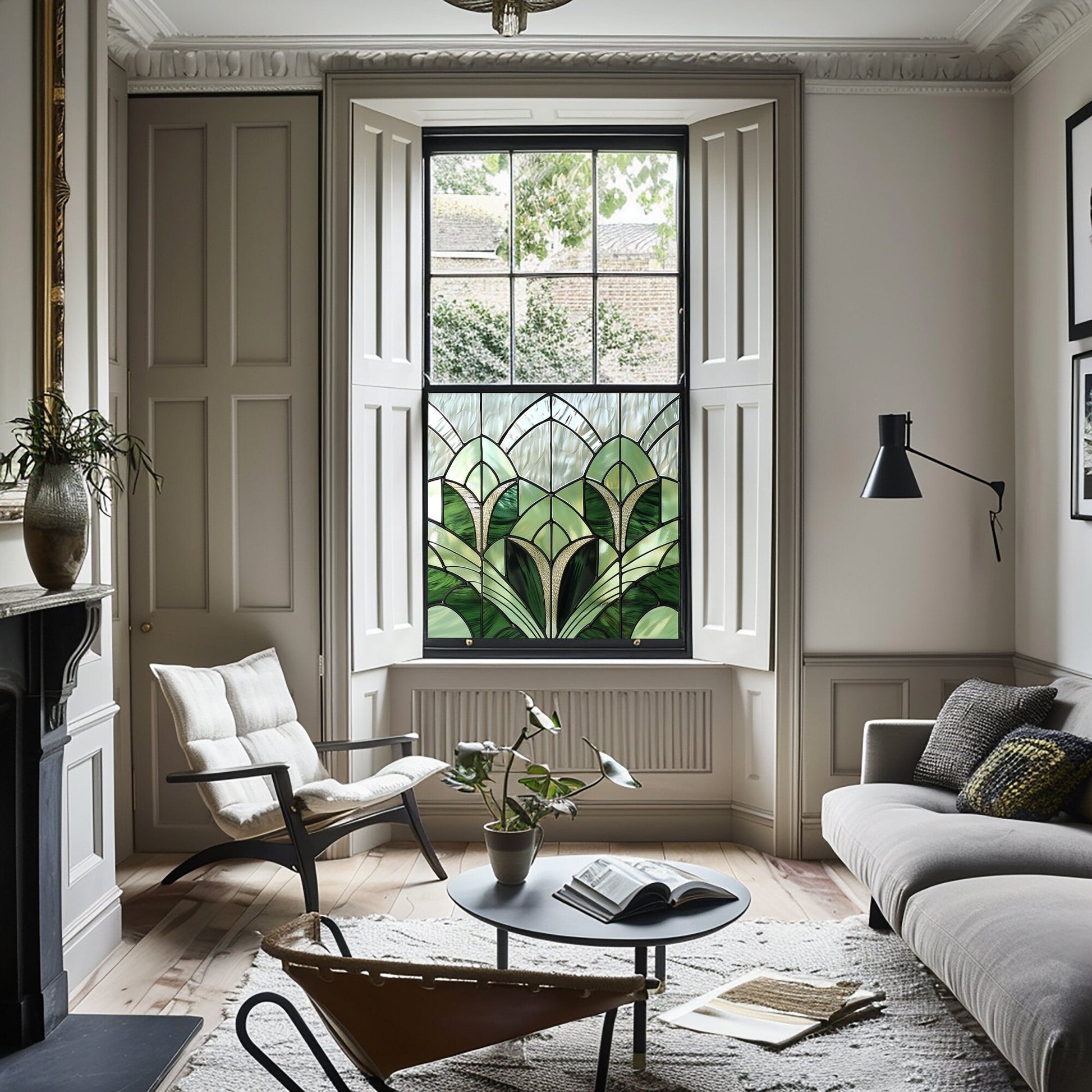 Green Art Deco Window Film, Privacy Window Film, Decorative Window Film, Patterned Window Film, Coloured Window Film, Stained Glass Creative Windows