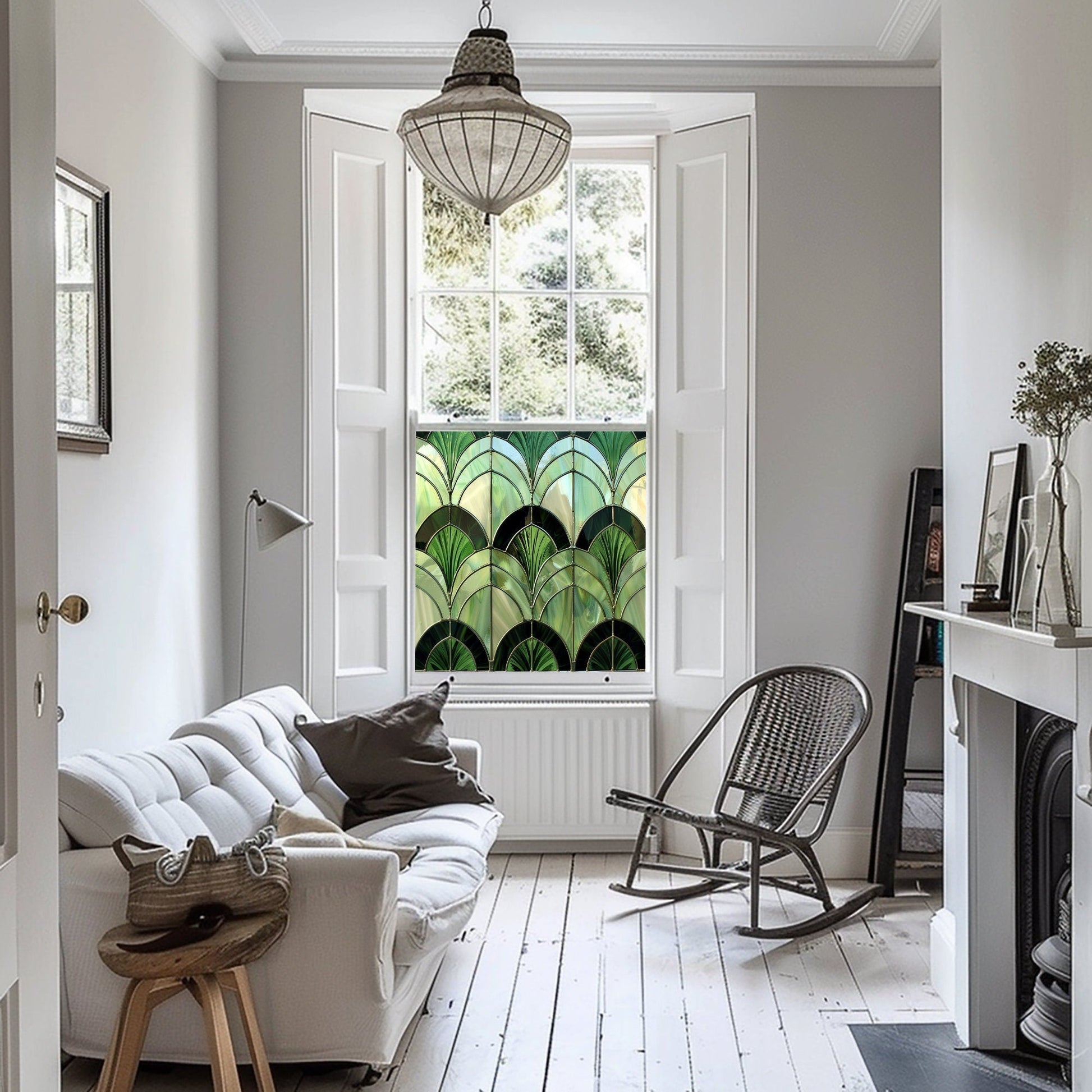 Green Art Deco Window Film, Privacy Window Film, Decorative Window Film, Patterned Window Film, Bathroom Window Film, Stained Glass Window Creative Windows