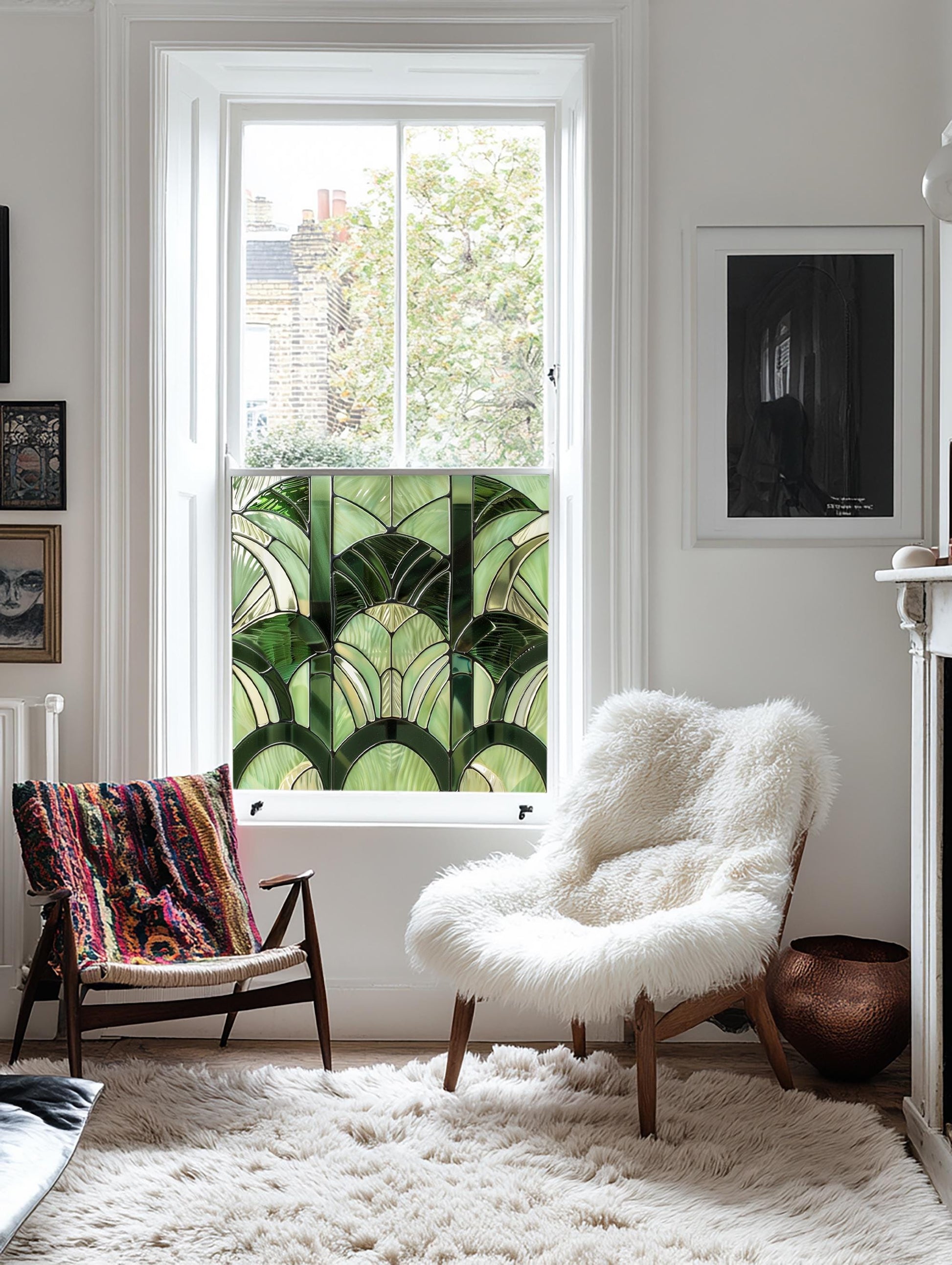 Green Art Deco Window Film, Decorative Window Film, Front Door Window Film, Stained Glass Window Film, Window Film, Privacy Window Film, Creative Windows