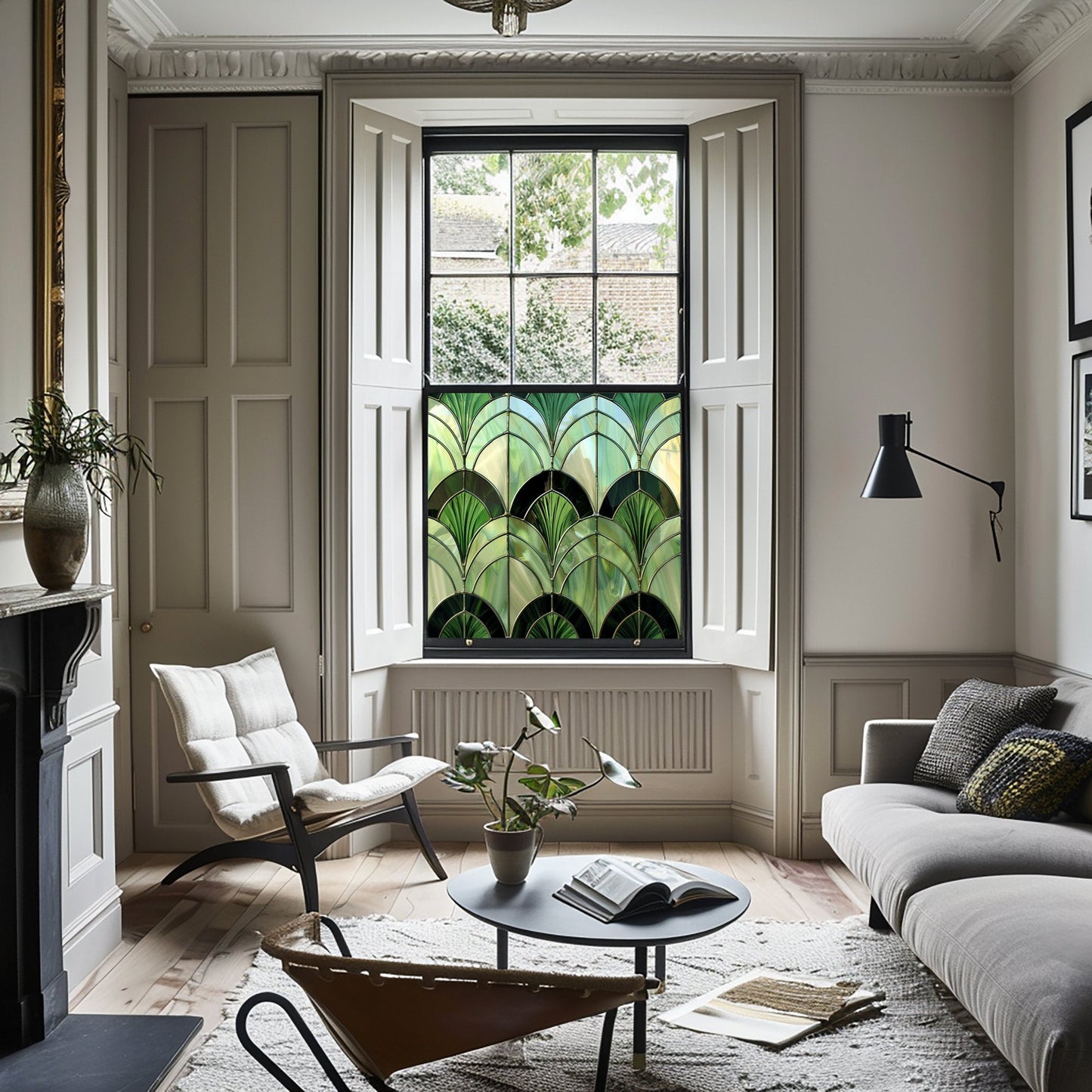 Green Art Deco Window Film, Privacy Window Film, Decorative Window Film, Patterned Window Film, Bathroom Window Film, Stained Glass Window Creative Windows