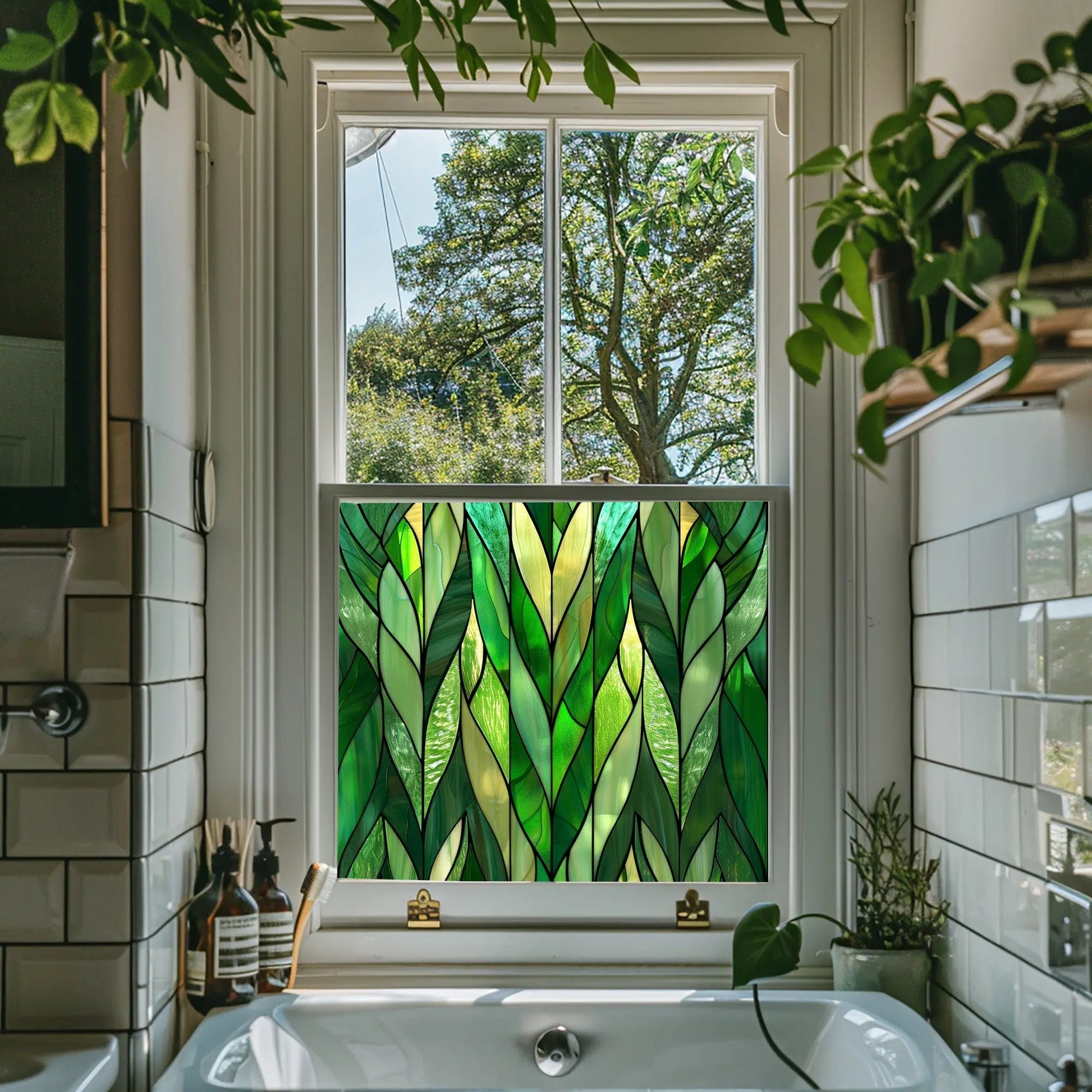 Green Art Deco Window Film - Arborio Stained Glass Privacy Window Film Creative Windows