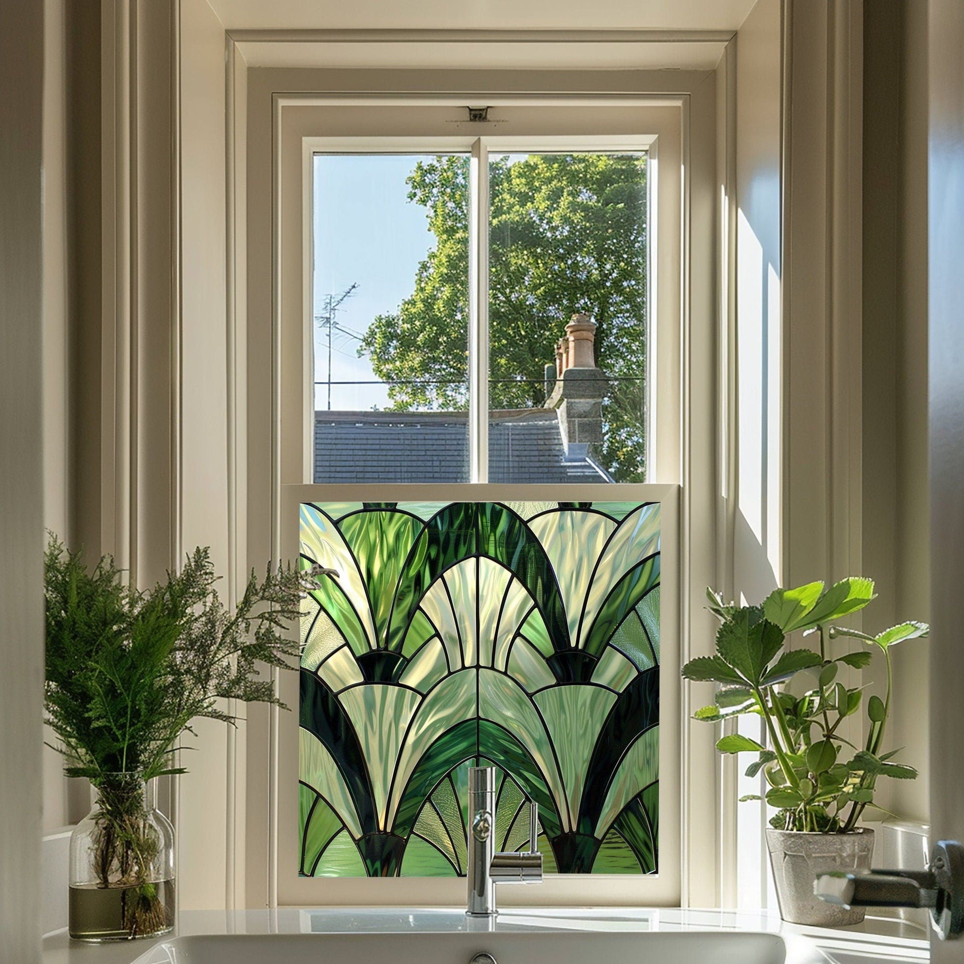 Green Art Deco Window Film, Privacy Window Film, Decorative Window Film, Patterned Window Film, Coloured Window Film, Stained Glass Creative Windows