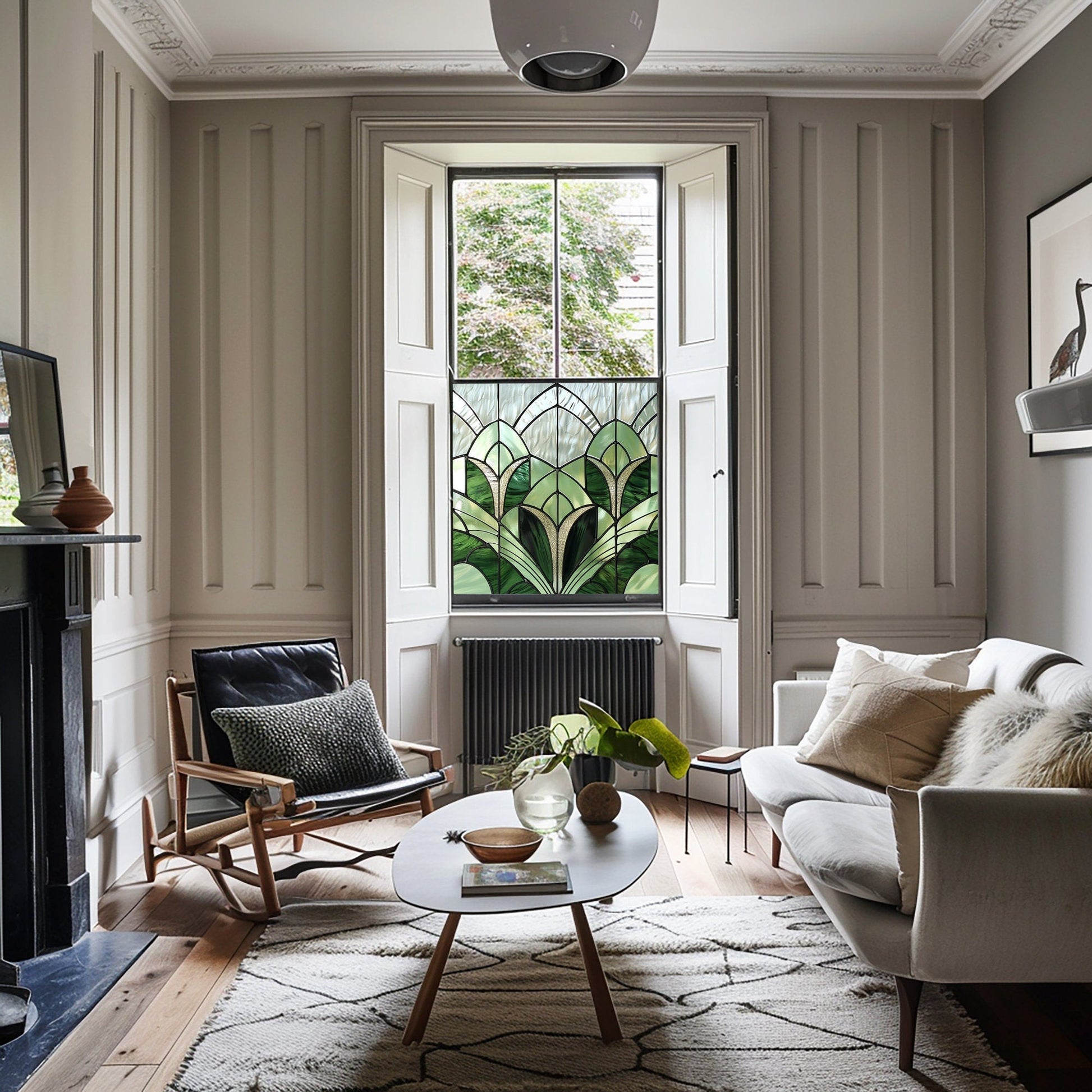 Green Art Deco Window Film, Privacy Window Film, Decorative Window Film, Patterned Window Film, Coloured Window Film, Stained Glass Creative Windows