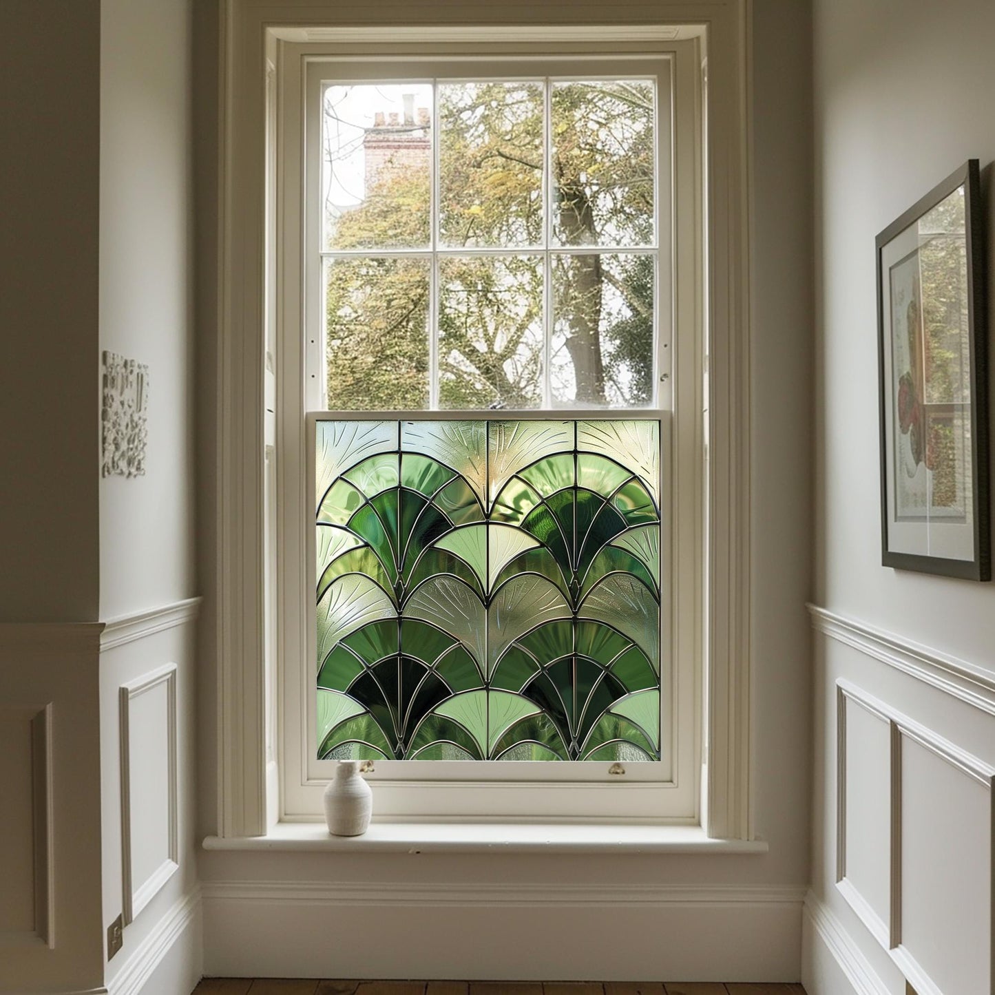 Green Art Deco Window Film, Decorative Window Film, Window, Front Door Window Film, Stained Glass Window Film, Privacy Window Film Creative Windows