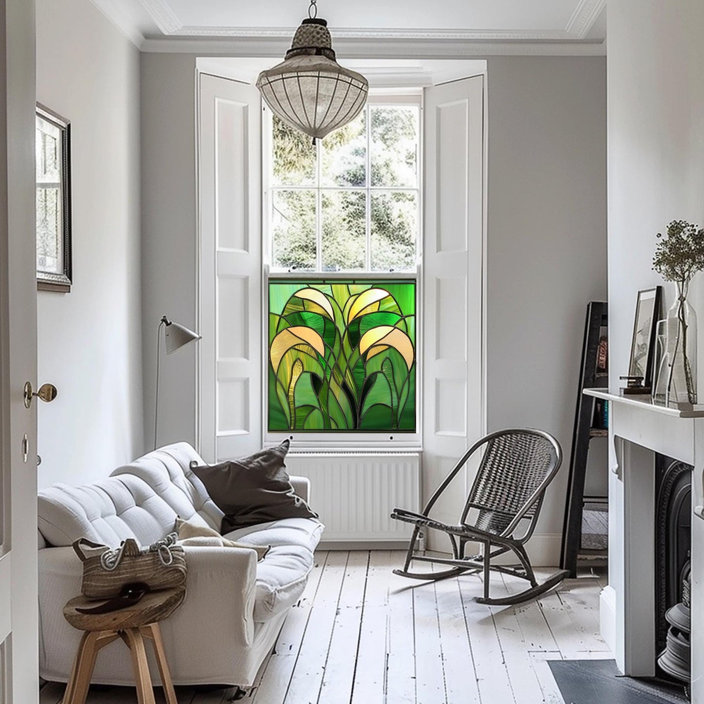 Green Art Deco Window Film, Privacy Window Film, Decorative Window Film, Patterned Window Film, Coloured Window Film, Stained Glass Creative Windows