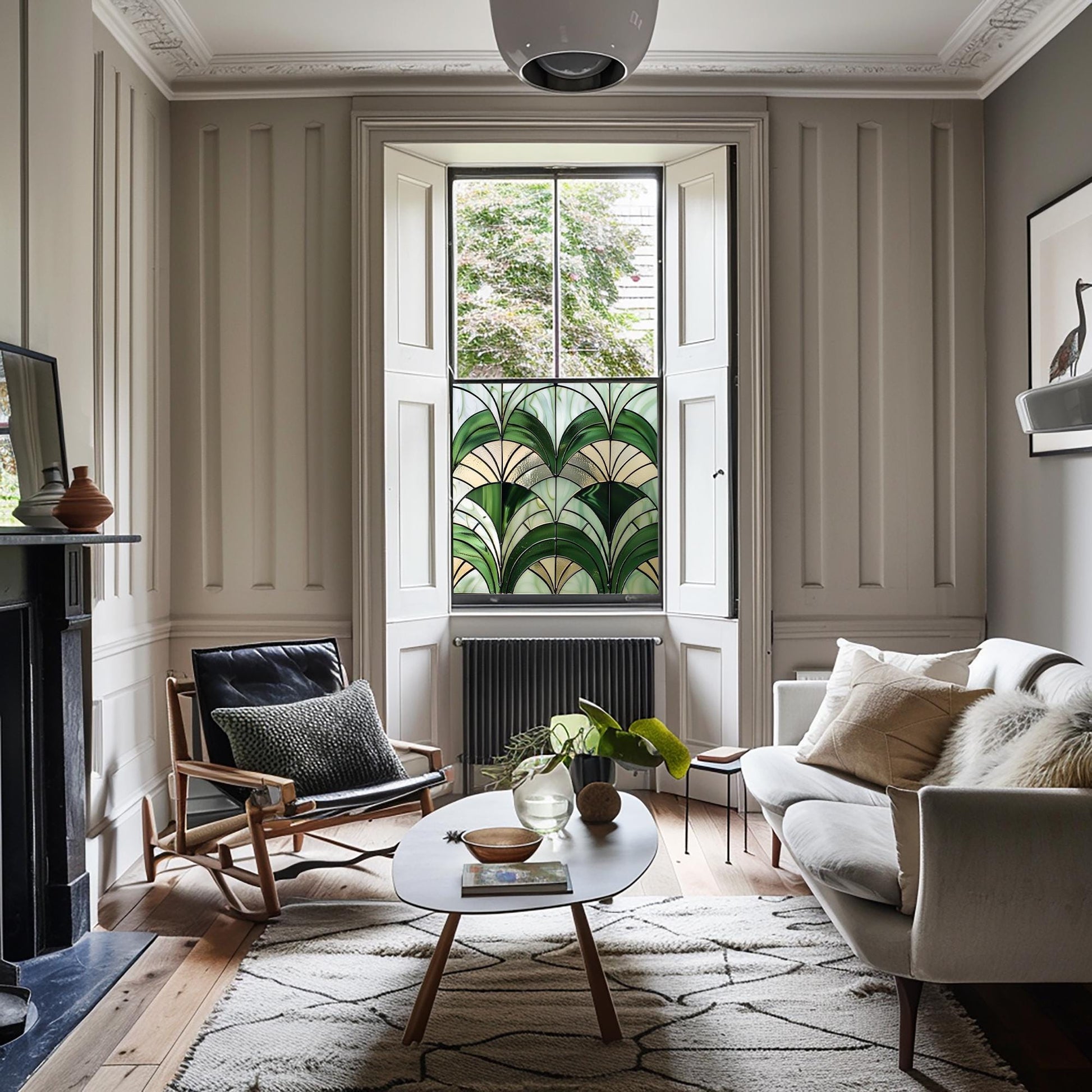 Green Art Deco Window Film, Privacy Window Film, Kitchen Window Film, Window Film, Bathroom Window Film, Green Stained Glass Window Film Creative Windows