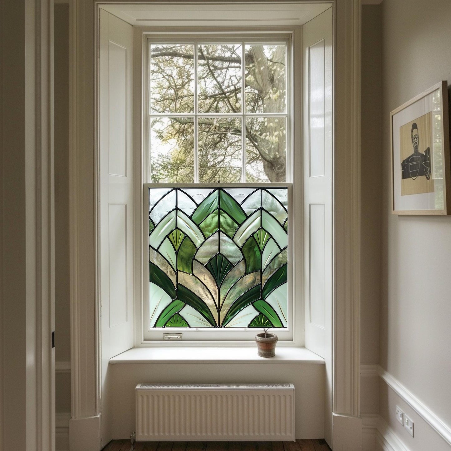 Green Art Deco Window Film, Privacy Window Film, Decorative Window Film, Kitchen Window Film, Bathroom Window Film, Stained Glass Creative Windows