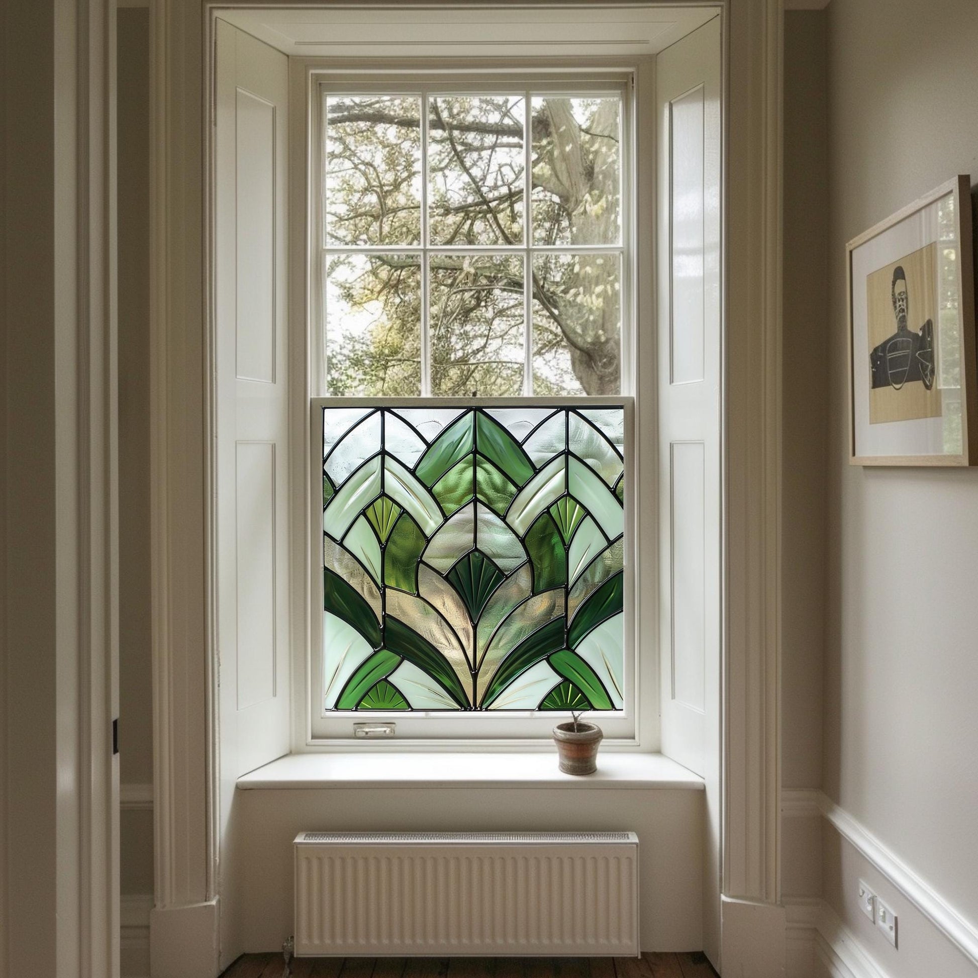 Green Art Deco Window Film, Privacy Window Film, Decorative Window Film, Kitchen Window Film, Bathroom Window Film, Stained Glass Creative Windows