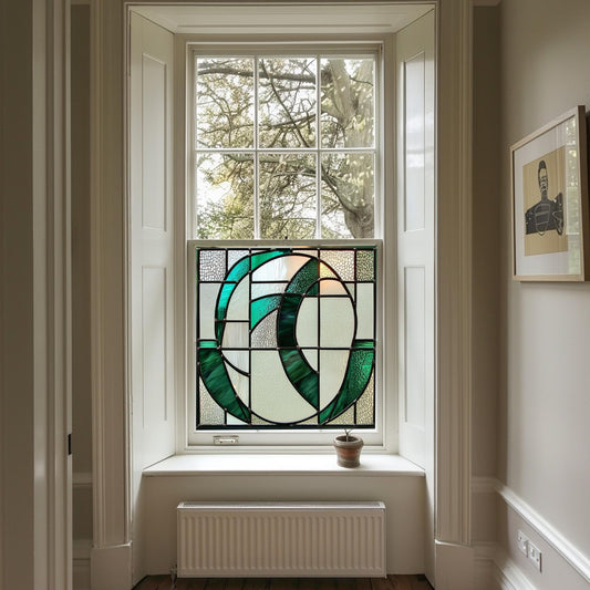 Green Art Deco Window Film, Privacy Window Film, Window Film, Kitchen Window Film, Bathroom Window Film, Green Stained Glass Window Film Creative Windows