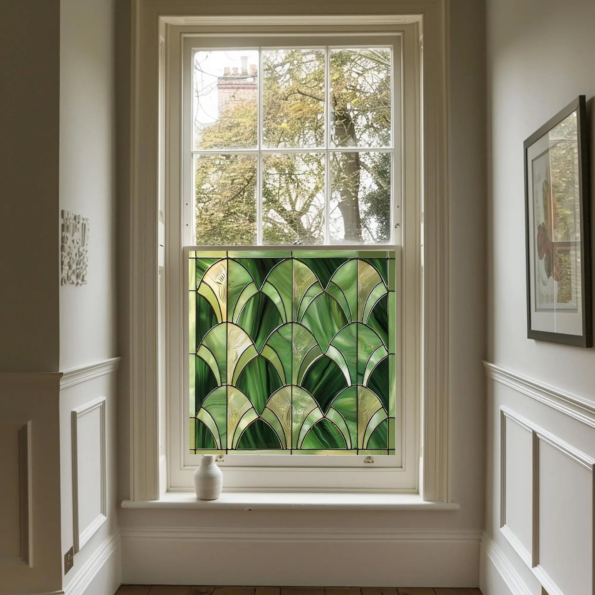 Green Art Deco Window Film - Apricena Stained Glass Privacy Creative Windows