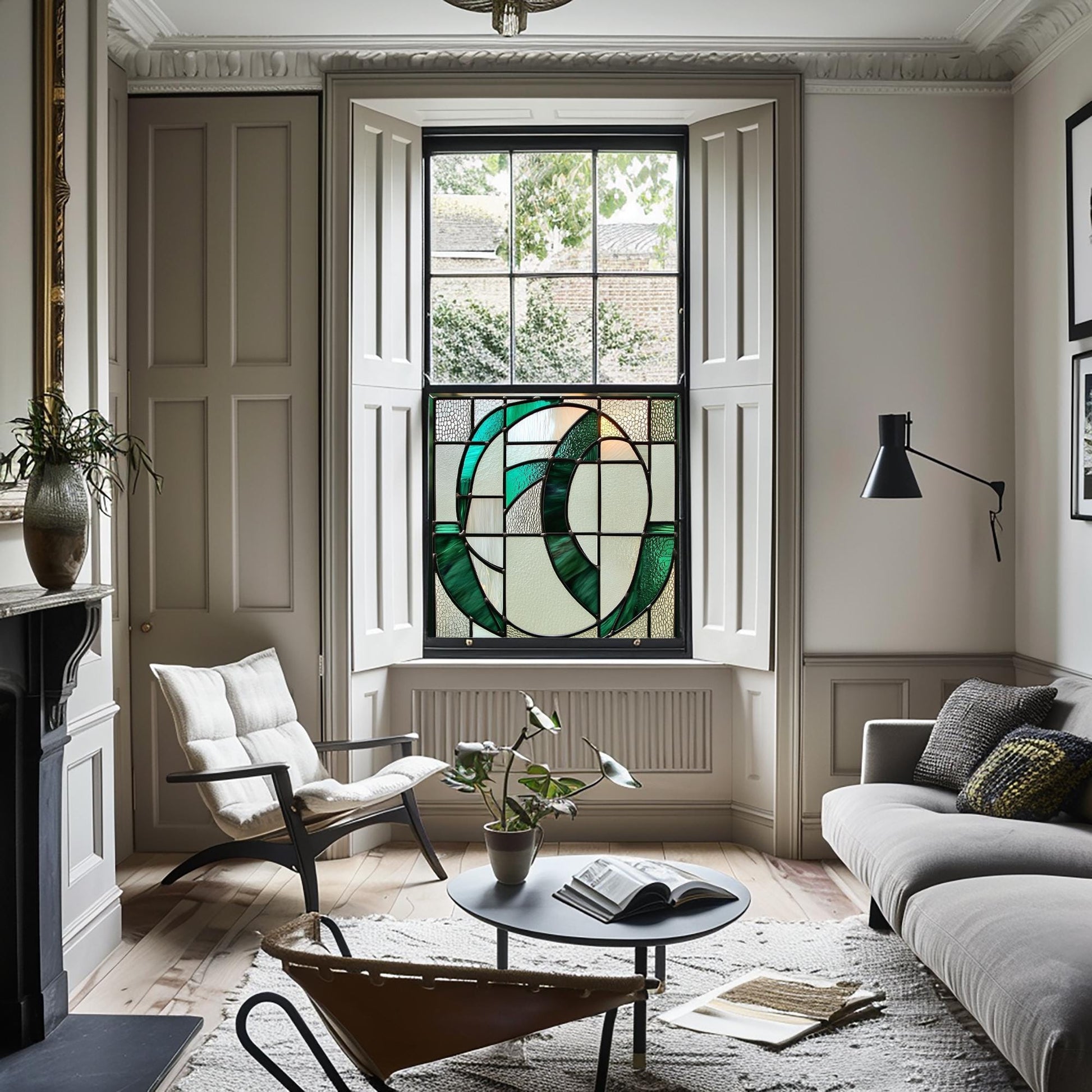 Green Art Deco Window Film, Privacy Window Film, Window Film, Kitchen Window Film, Bathroom Window Film, Green Stained Glass Window Film Creative Windows