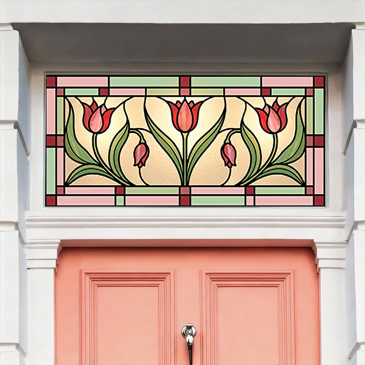 Stained Glass Transom Window Film, Art Nouveau Tulip Privacy Film