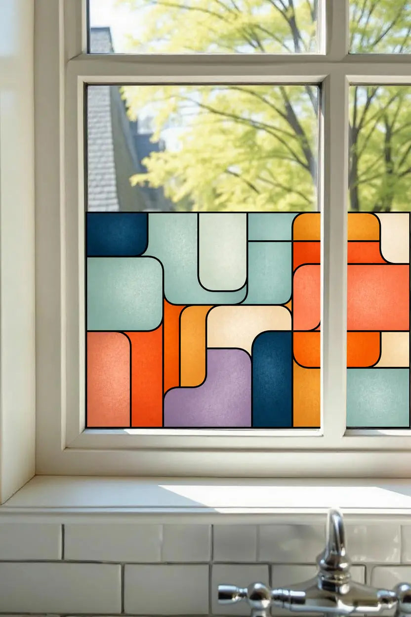 Stained Glass Window Film,  Retro Geometric Privacy Design