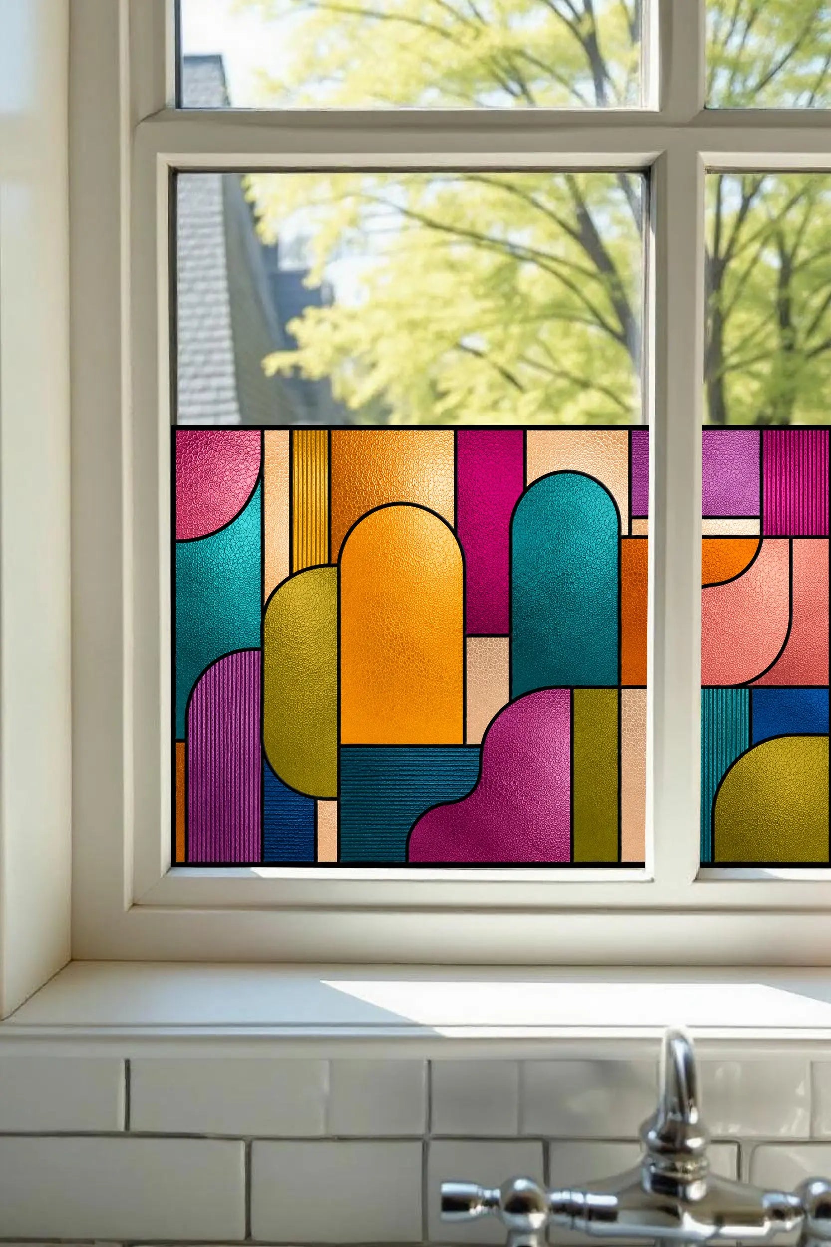 Mid Century Stained Glass Window Film – Colourful Geometric Privacy Film