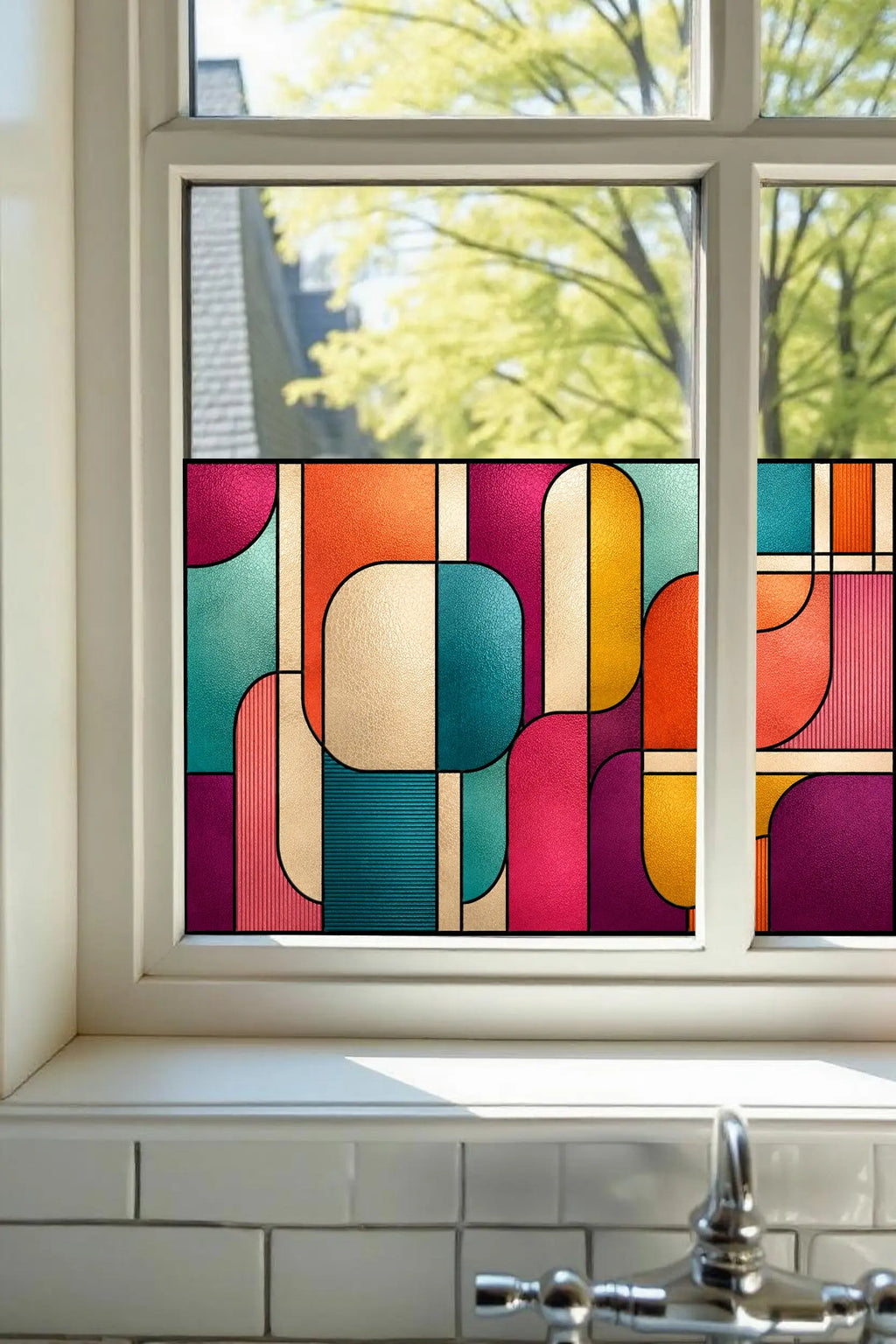 Retro Geometric Stained Glass Window Film, Colourful Privacy Window Film