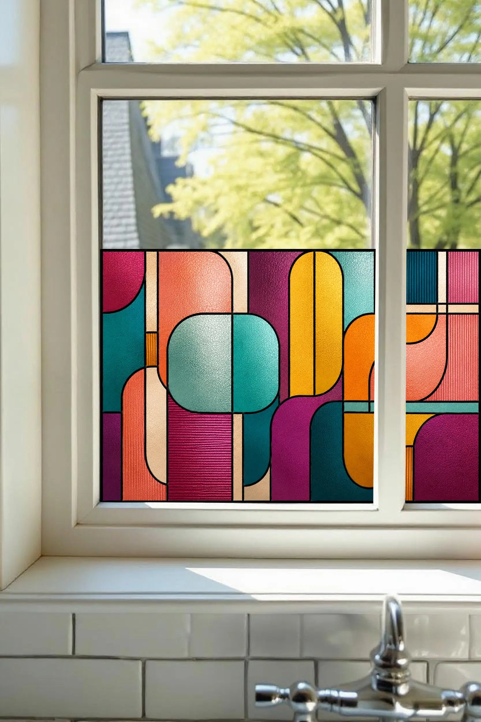 Modern Abstract Stained Glass Window Film – Colourful Geometric Privacy Film