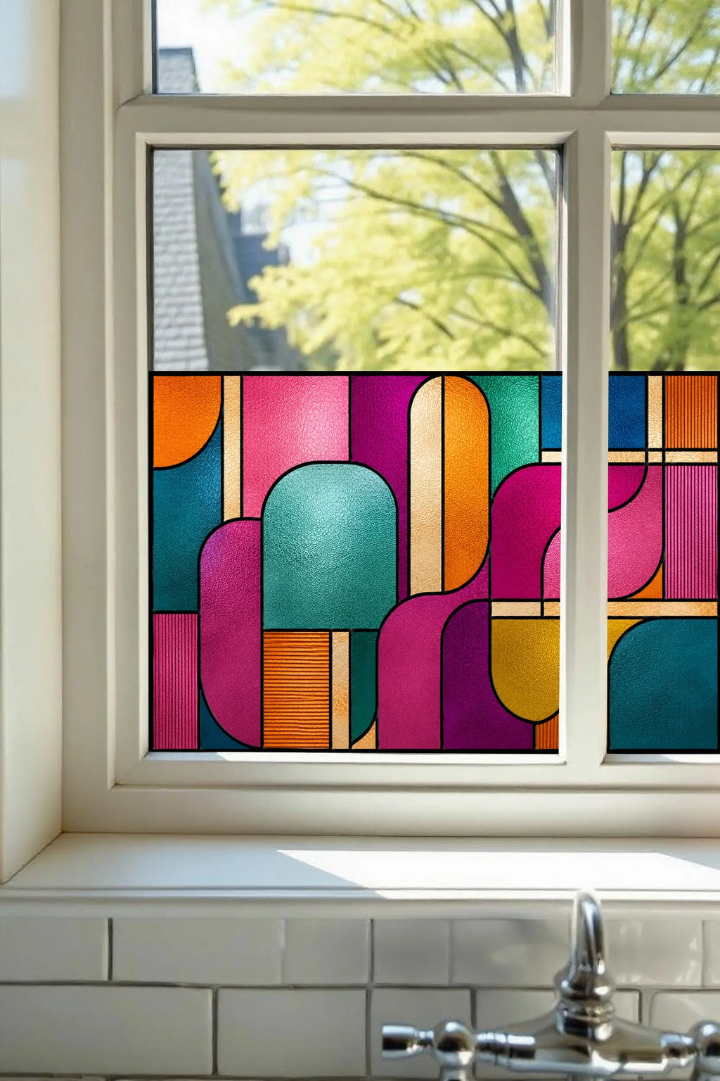 Retro Stained Glass Window Film – Bold Geometric Privacy Design