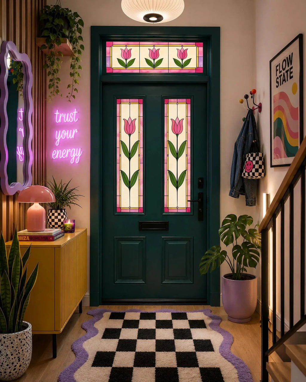 Tulip stained glass privacy window film for front door glass