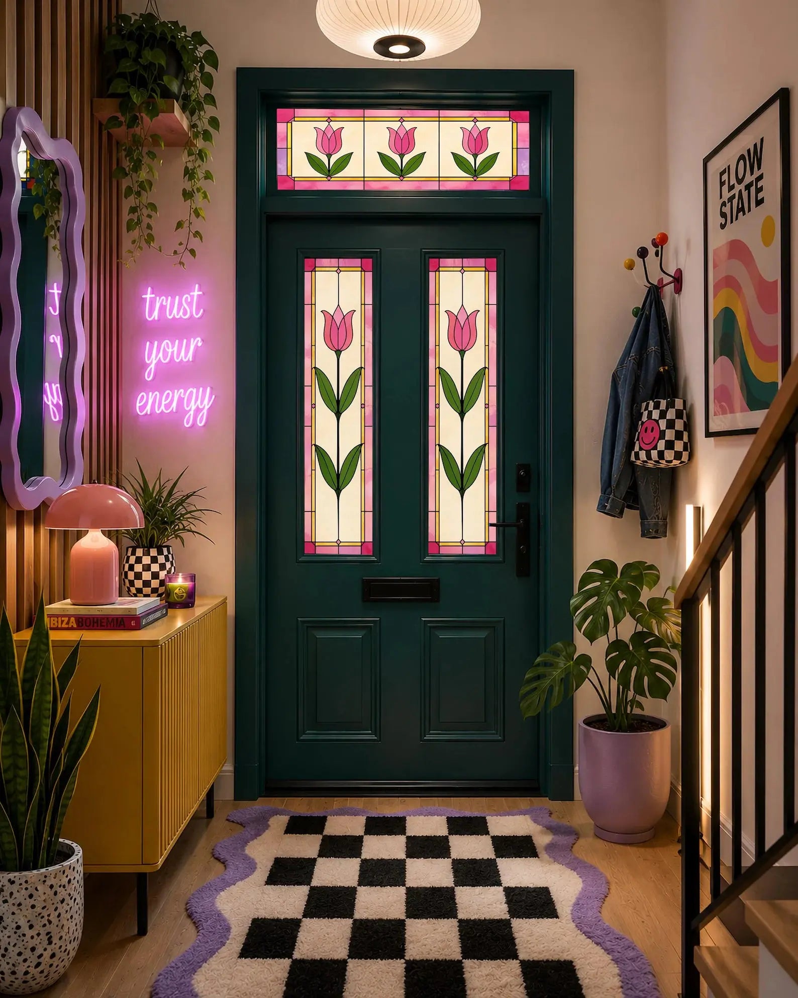 Tulip stained glass privacy window film for front door glass