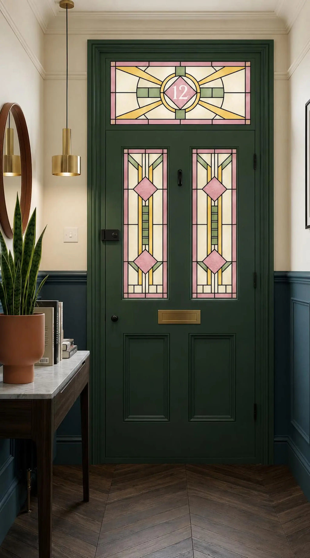 Geometric stained glass front door window film with pink diamond design