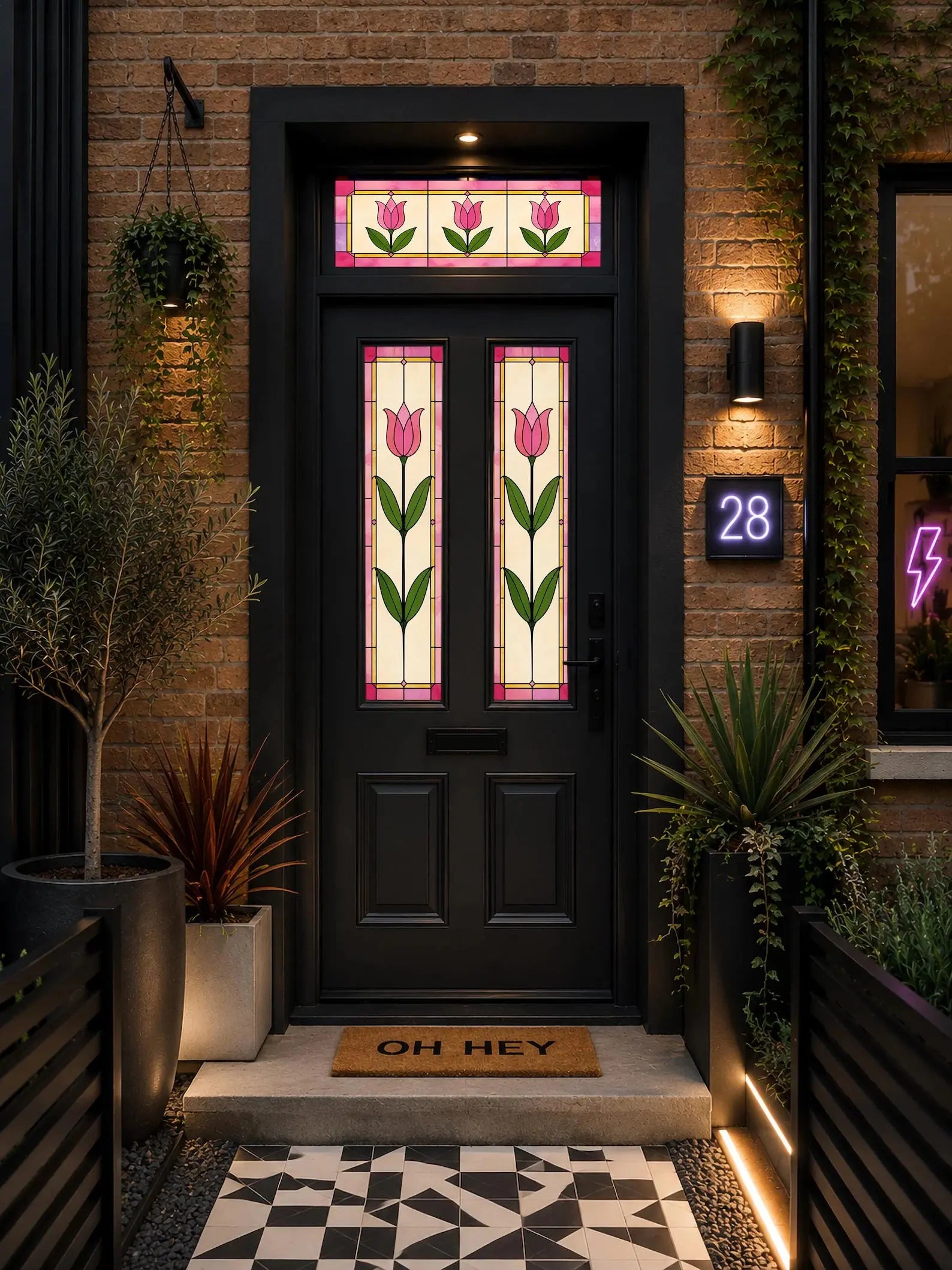 Floral stained glass window film for front doors and side panels