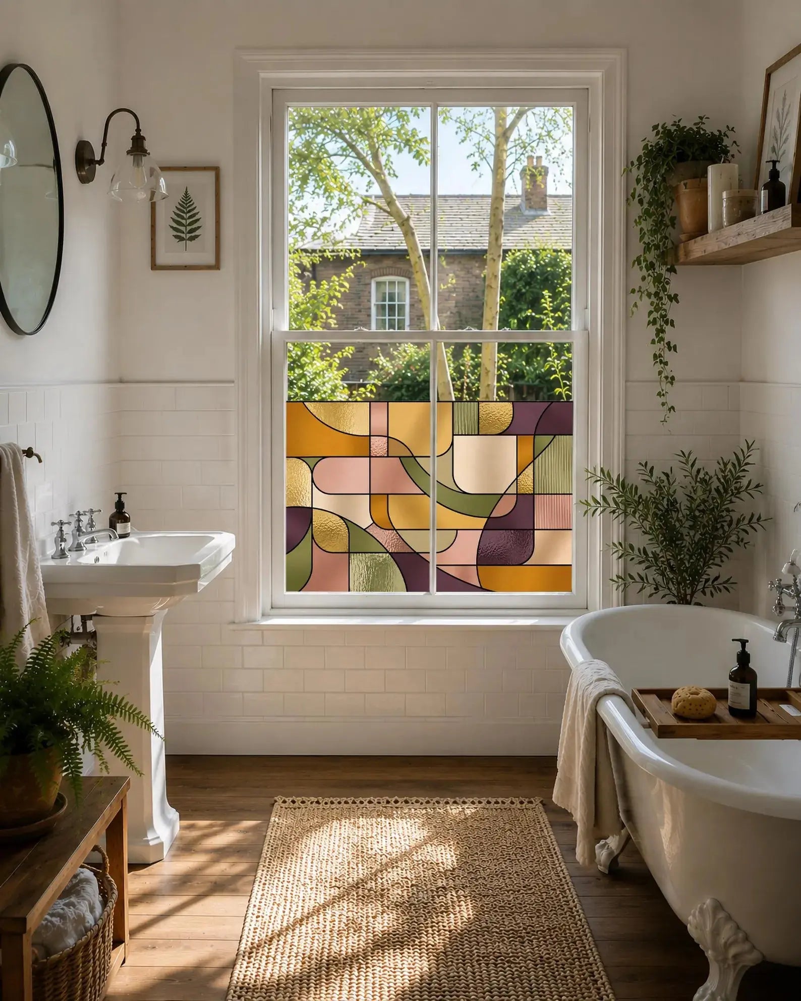 Contemporary geometric stained glass window film allowing natural light through while enhancing privacy in a modern home.