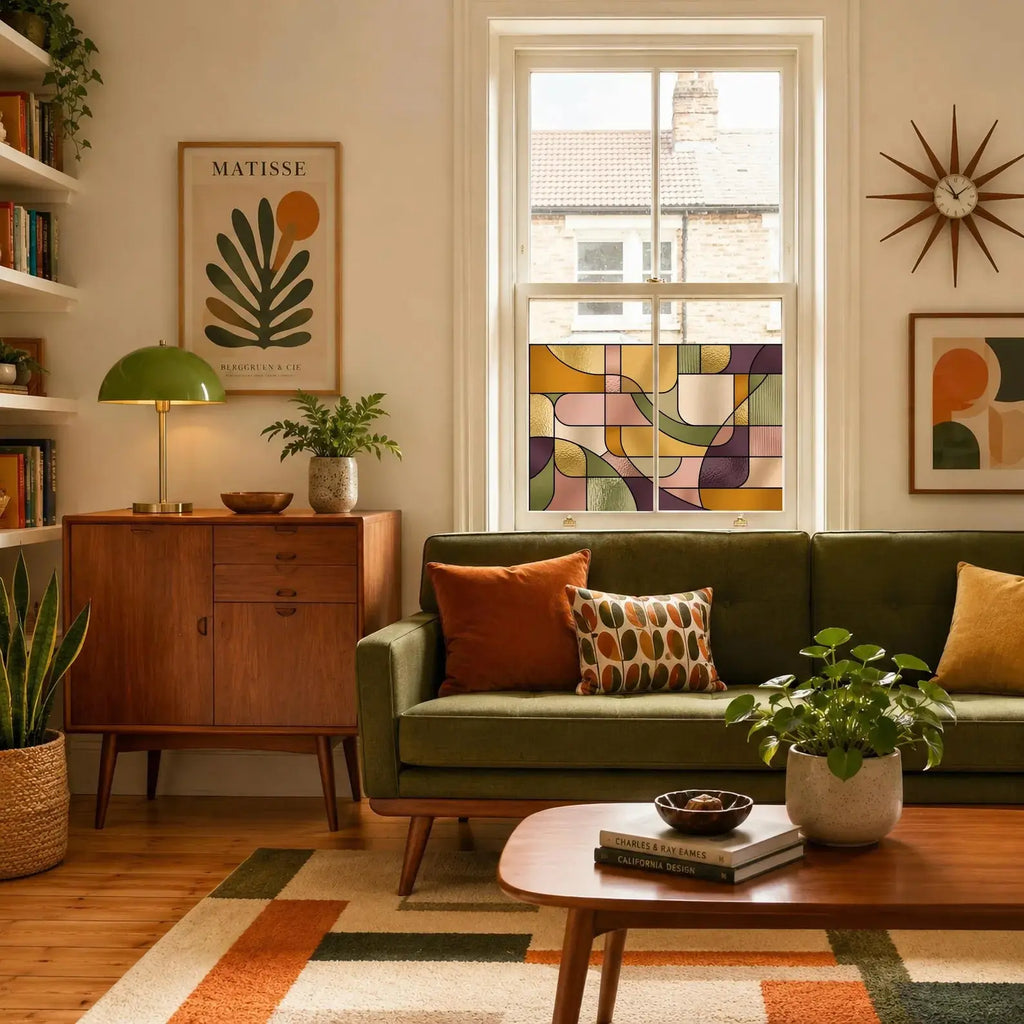 Decorative privacy window film featuring a modern stained glass pattern in amber, cream, olive and plum colours.