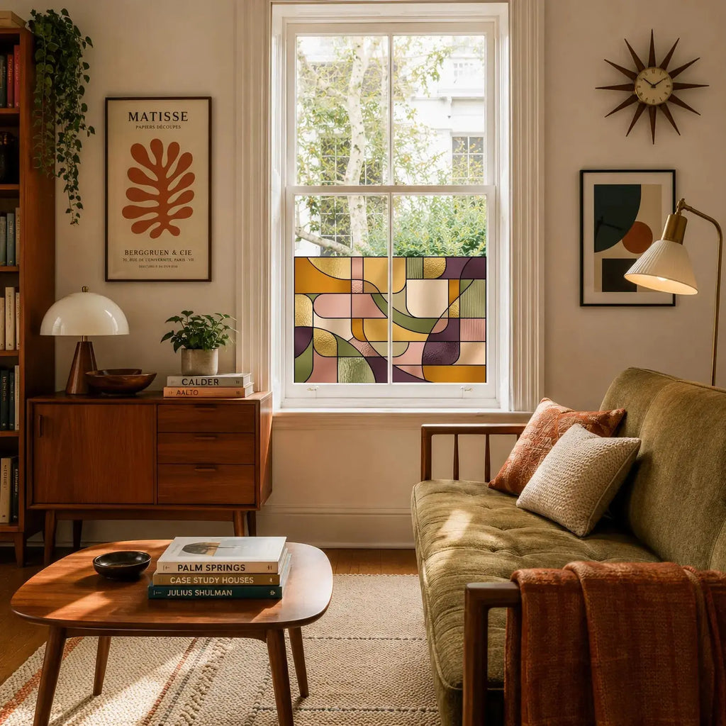 Made-to-measure stained glass window film with a contemporary geometric design providing stylish daytime privacy.