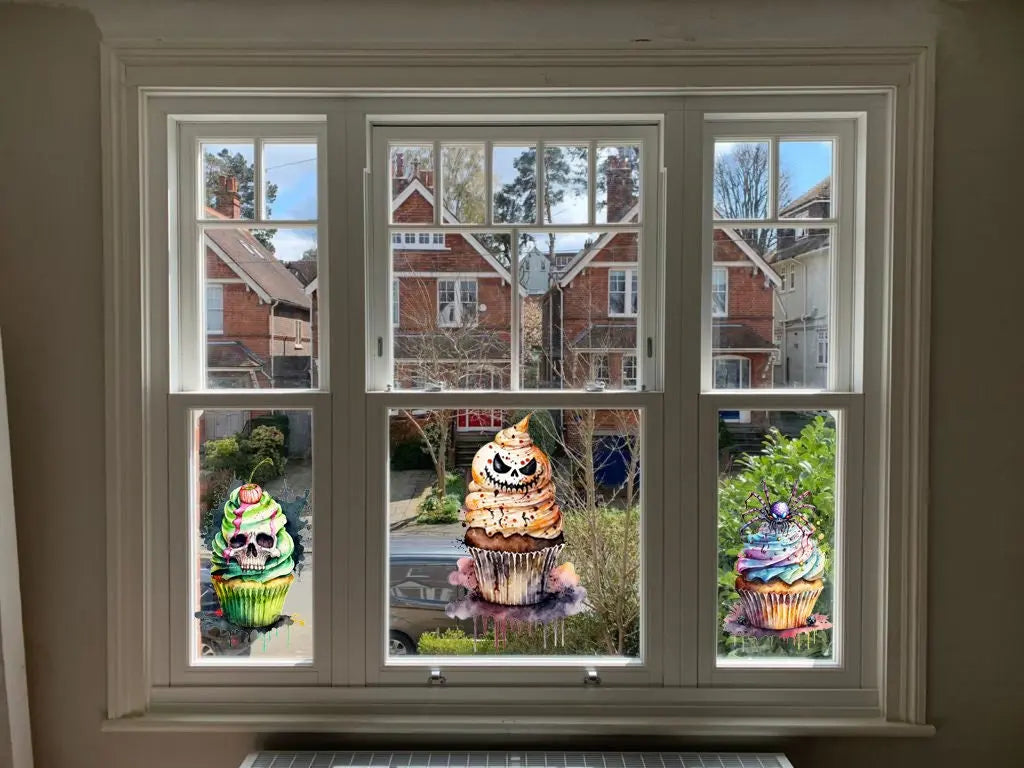 Halloween Window Decals: Spooky Cupcake Decorations - Reusable & Double Sided Creative Windows