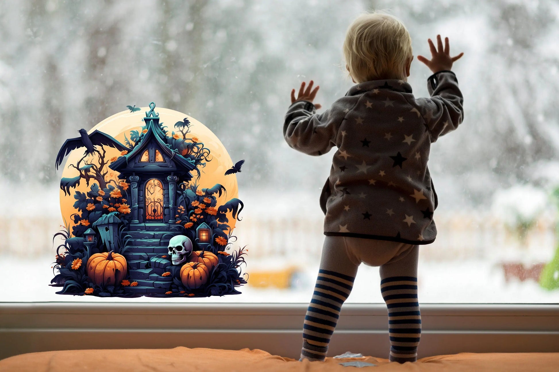 Halloween Window Clings: Spooky Ghosts, Bats, Haunted House - Reusable Creative Windows