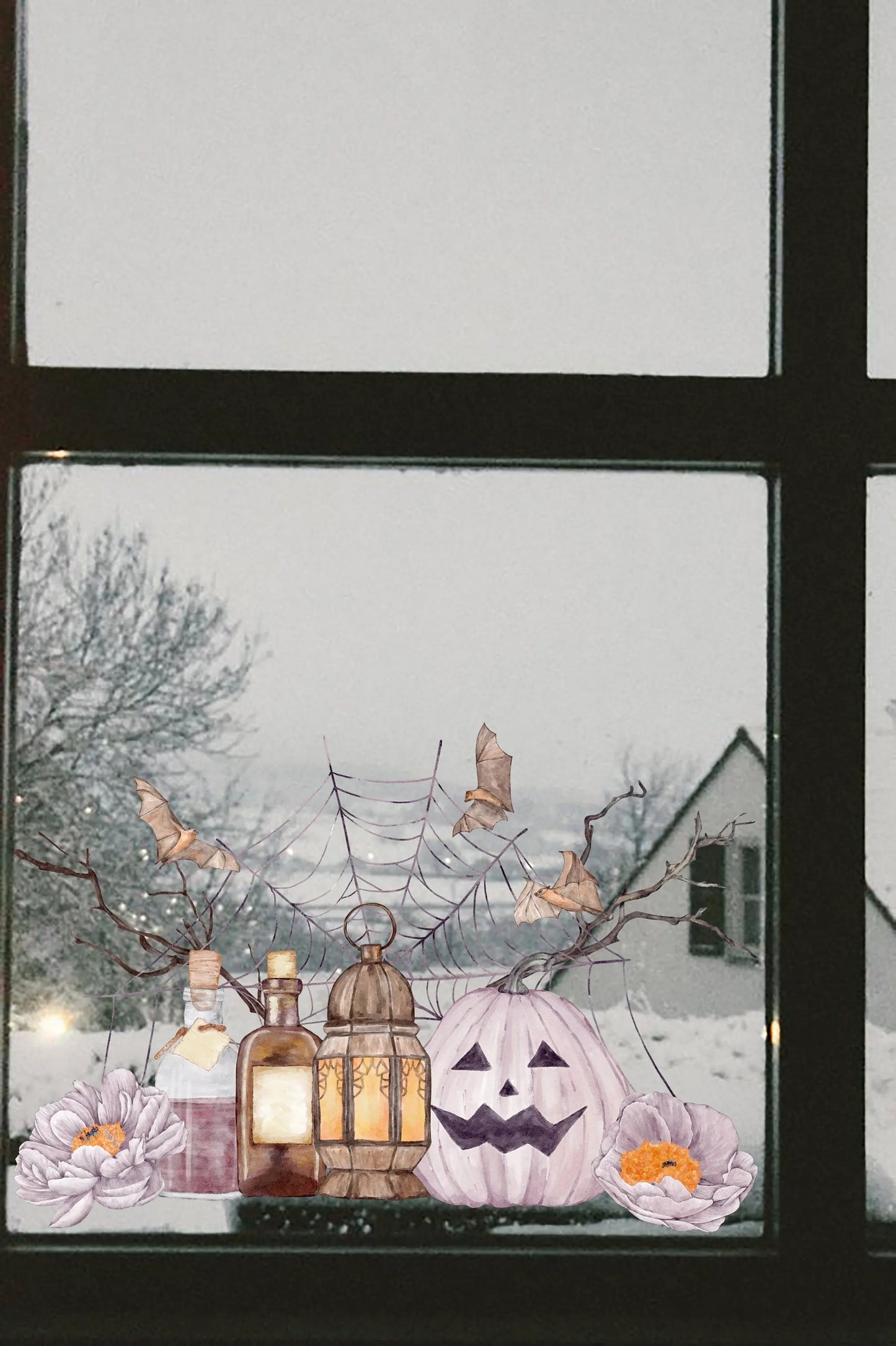 Double-Sided Halloween Window Sticker: Pumpkin, Spider Web & Bats Creative Windows