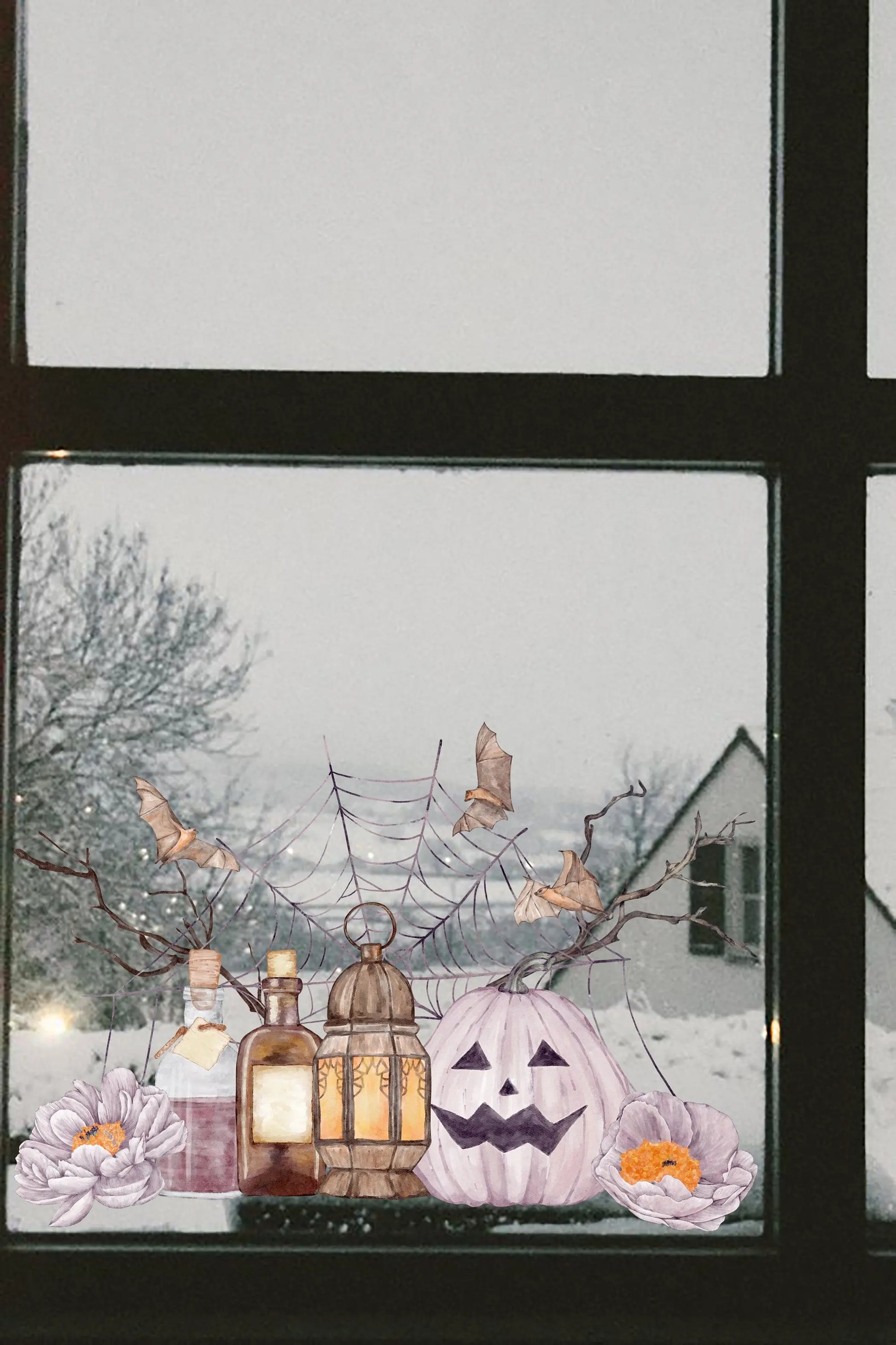 Double-Sided Halloween Window Sticker: Pumpkin, Spider Web & Bats Creative Windows