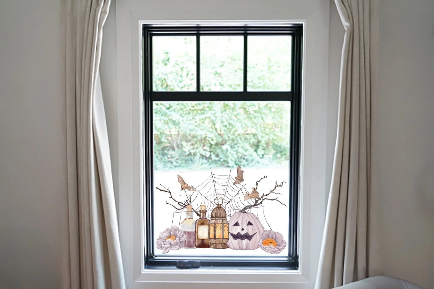 Double-Sided Halloween Window Sticker: Pumpkin, Spider Web & Bats Creative Windows