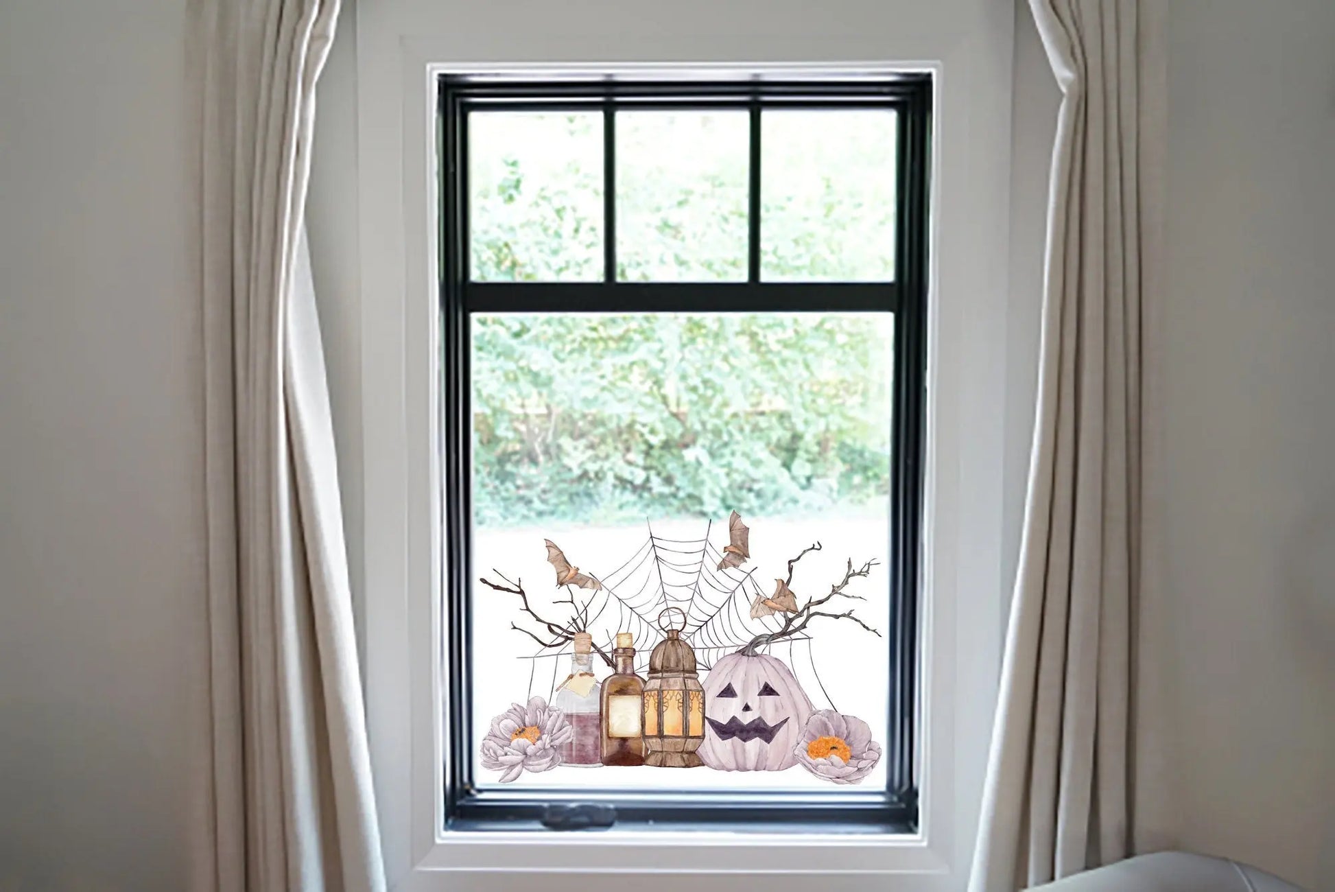 Double-Sided Halloween Window Sticker: Pumpkin, Spider Web & Bats Creative Windows