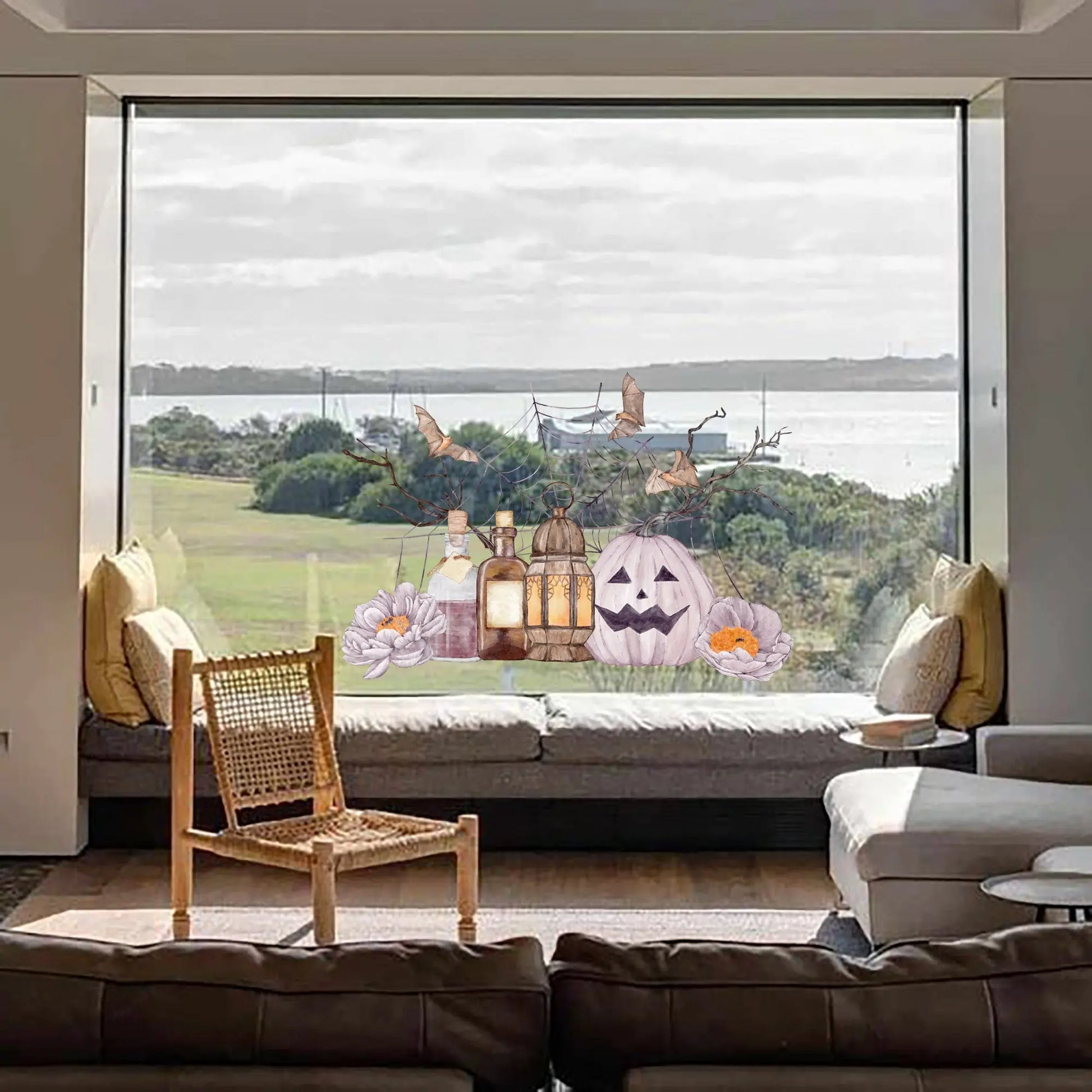 Double-Sided Halloween Window Sticker: Pumpkin, Spider Web & Bats Creative Windows